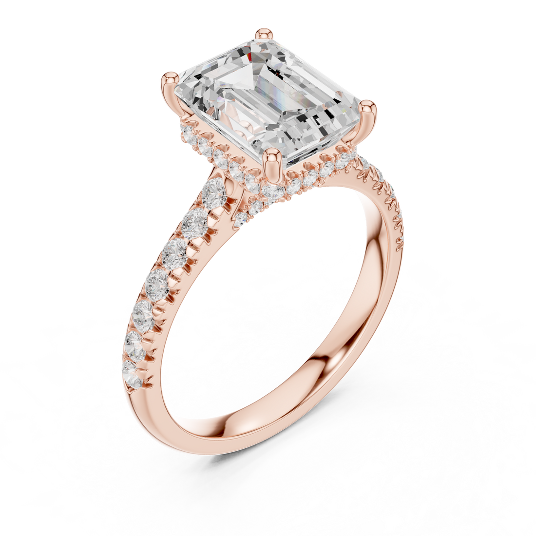 Emerald Cut Solitaire Engagement Ring with Split Shank Pavé Diamond Band