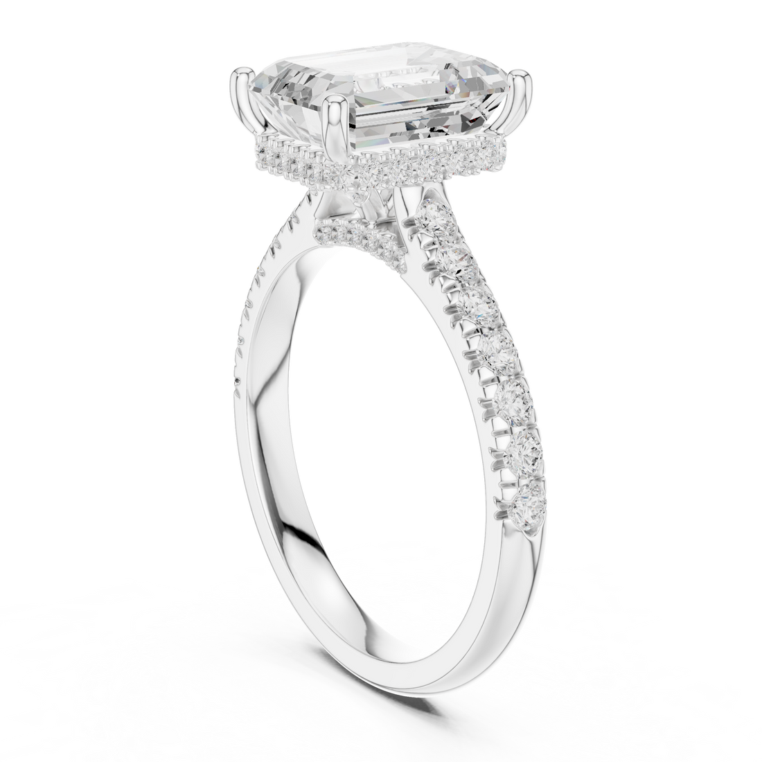 Emerald Cut Solitaire Engagement Ring with Split Shank Pavé Diamond Band