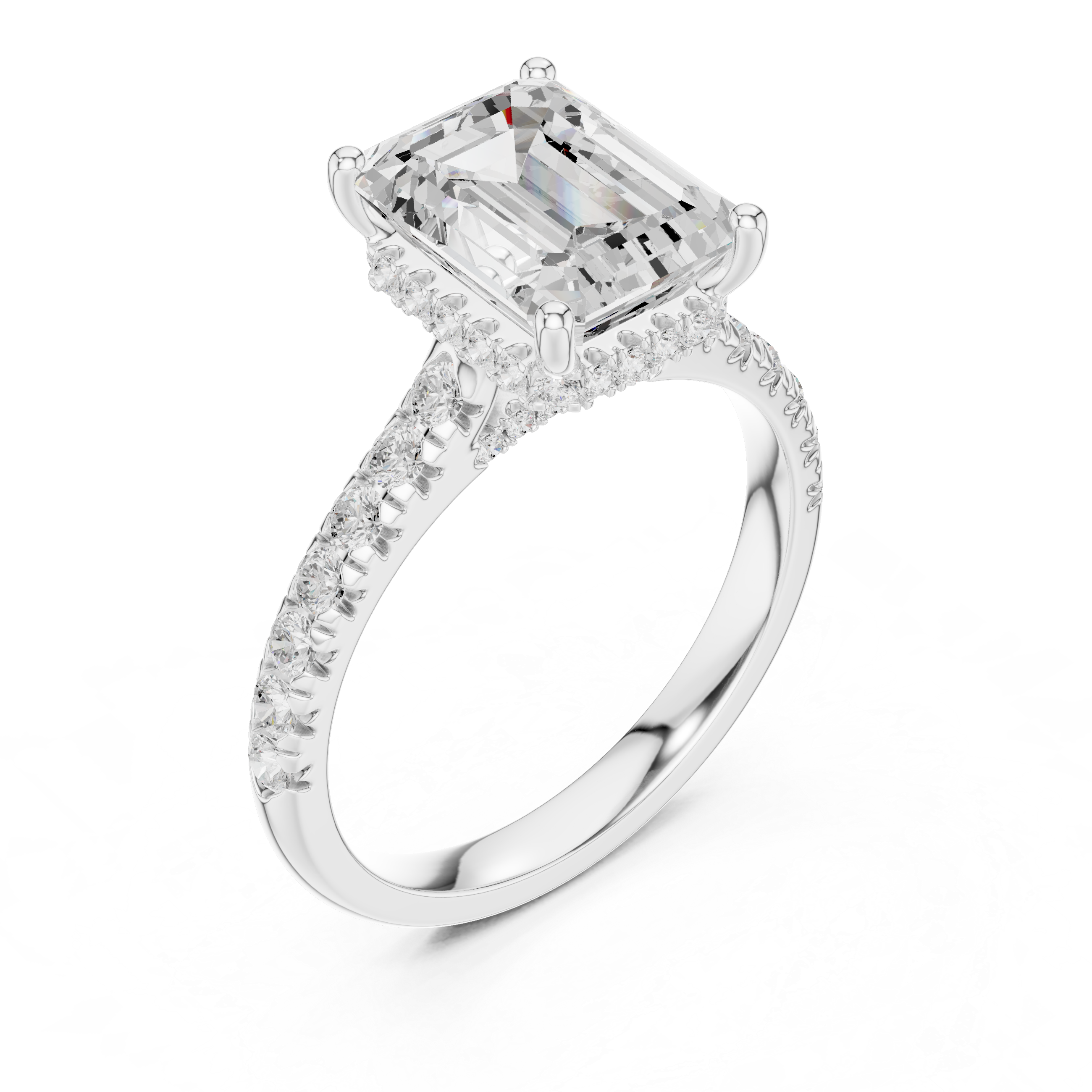 Emerald Cut Solitaire Engagement Ring with Split Shank Pavé Diamond Band