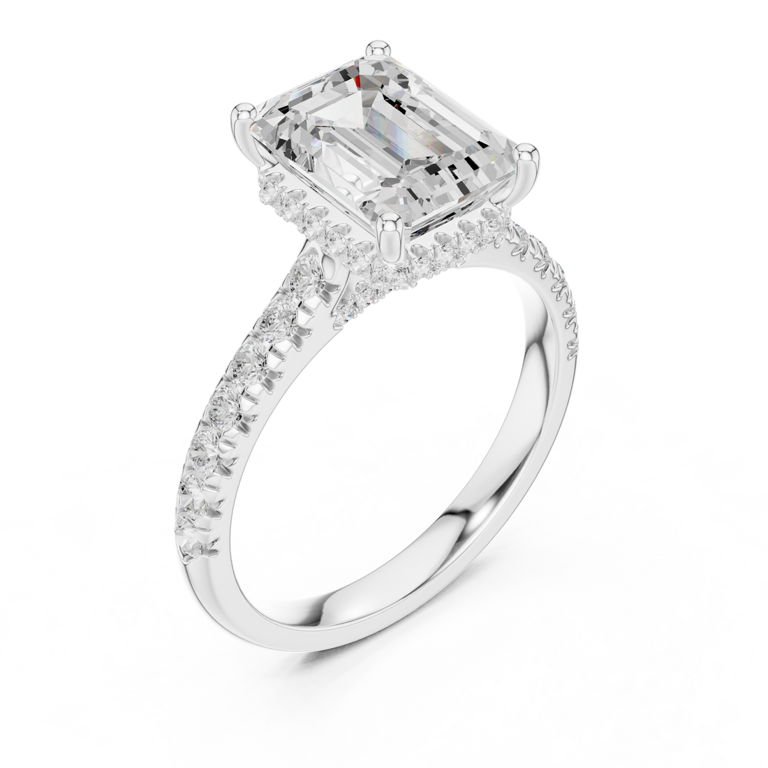 Emerald Cut Solitaire Engagement Ring with Split Shank Pavé Diamond Band