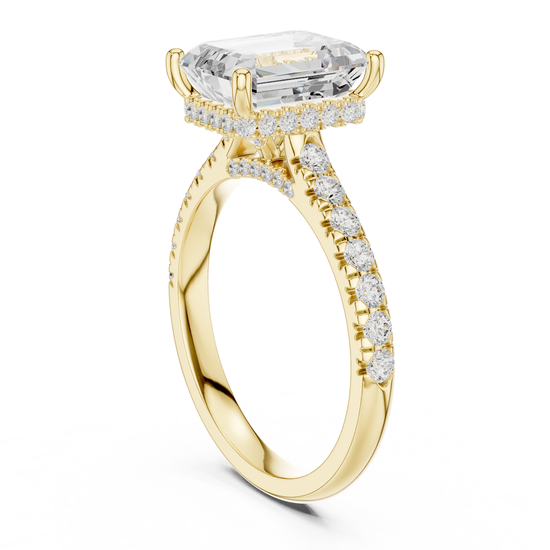 Emerald Cut Solitaire Engagement Ring with Split Shank Pavé Diamond Band