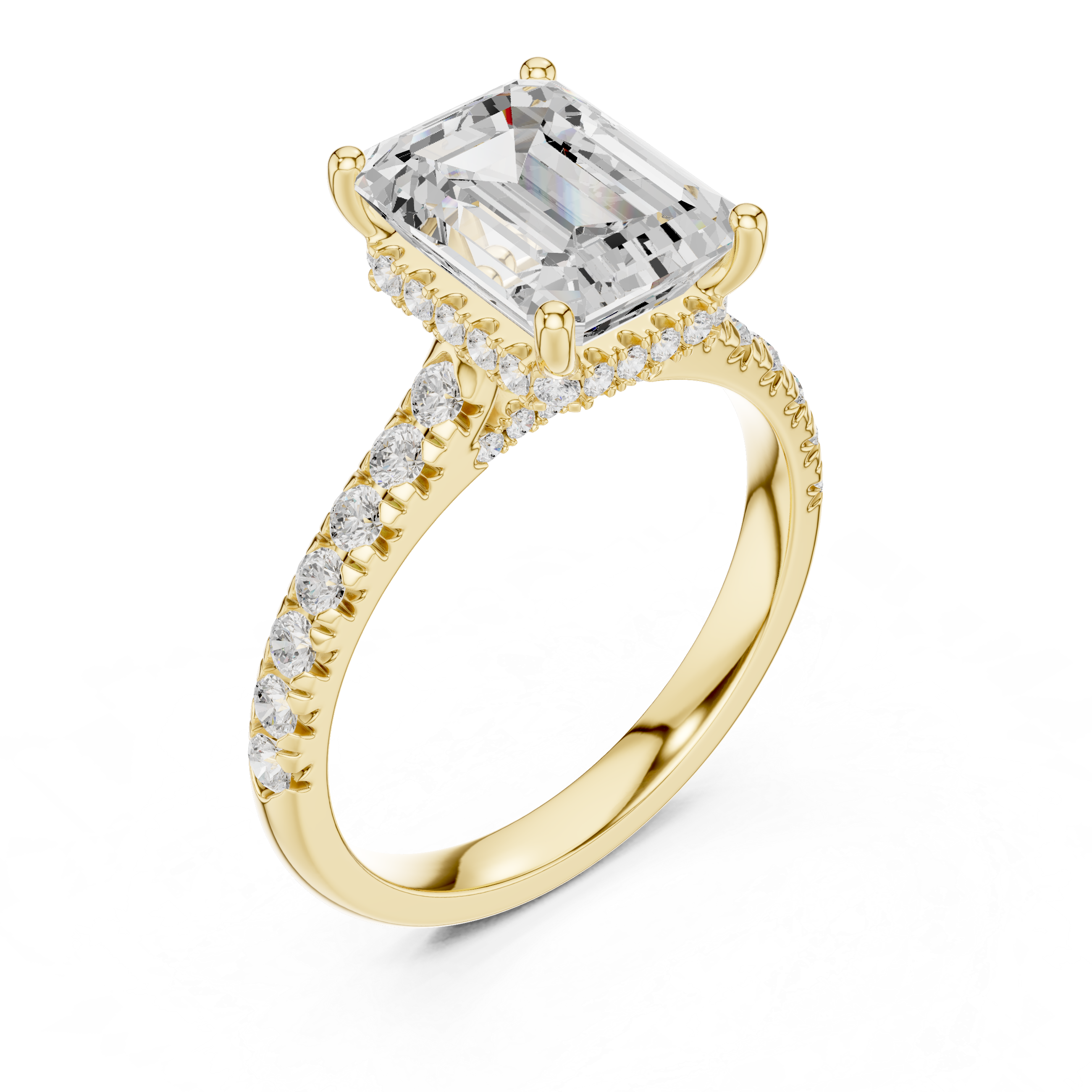 Emerald Cut Solitaire Engagement Ring with Split Shank Pavé Diamond Band