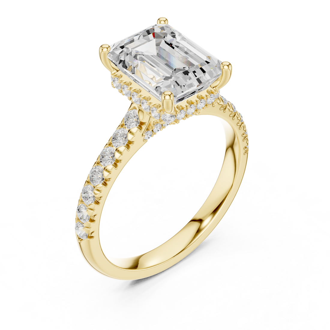 Emerald Cut Solitaire Engagement Ring with Split Shank Pavé Diamond Band