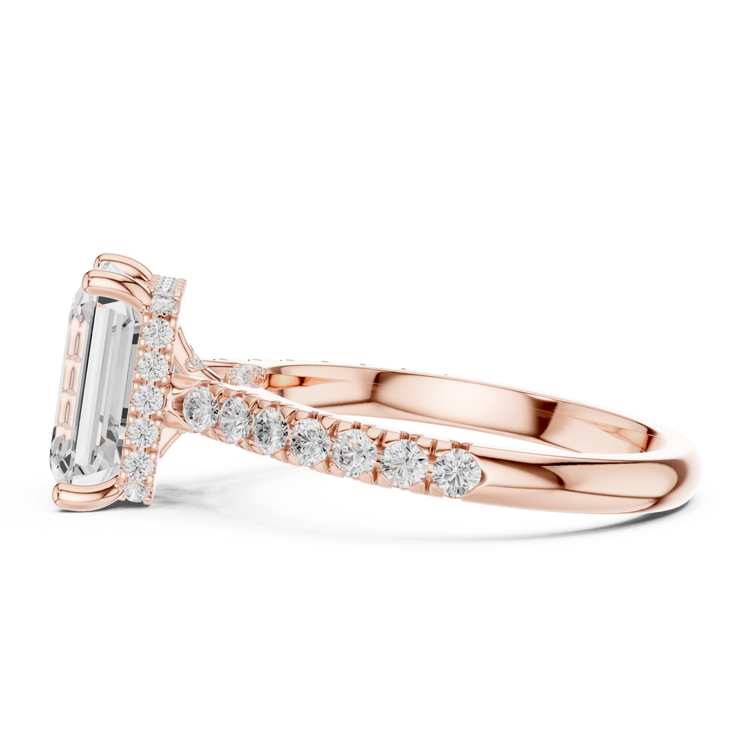 Emerald Cut Solitaire Engagement Ring with Split Shank Pavé Diamond Band