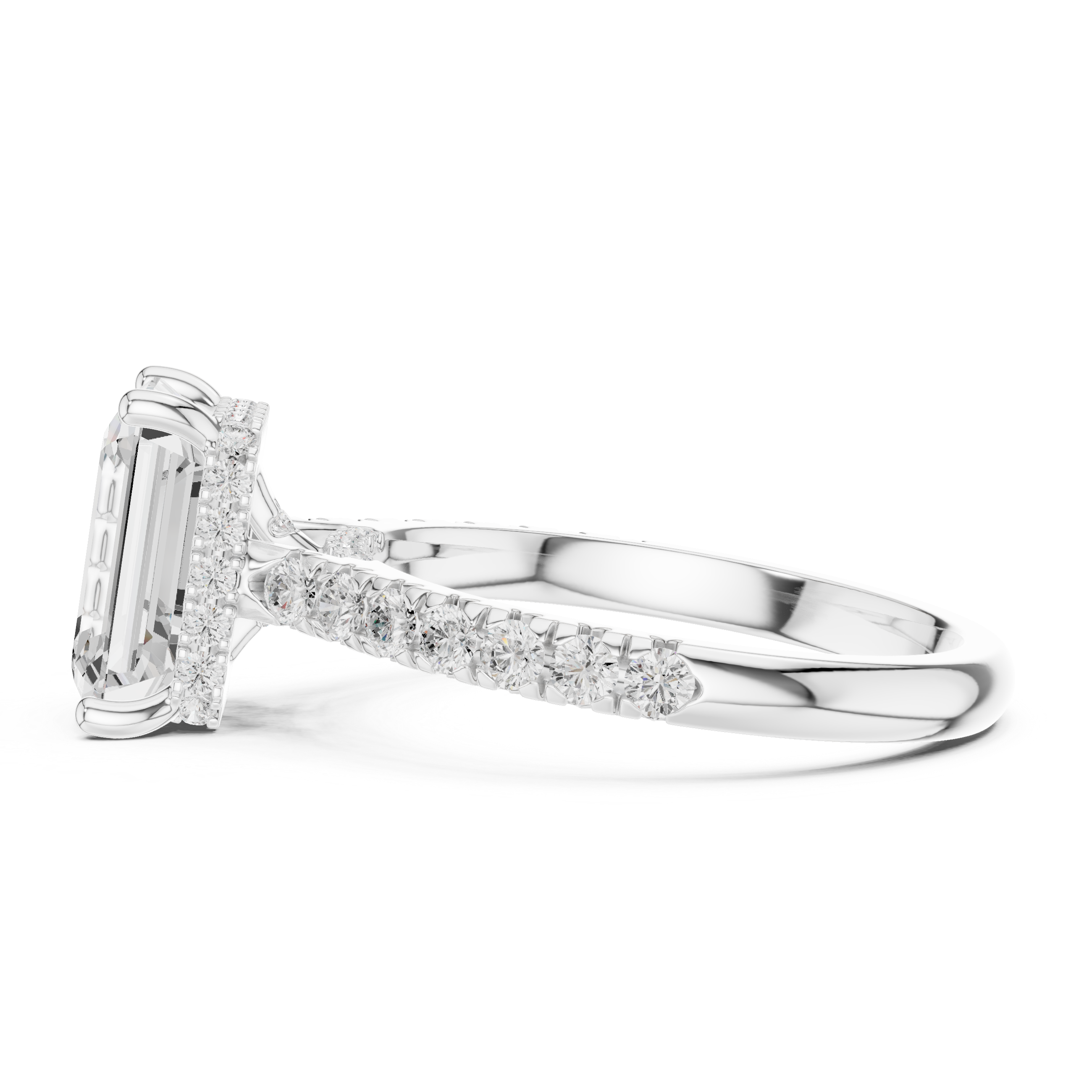 Emerald Cut Solitaire Engagement Ring with Split Shank Pavé Diamond Band