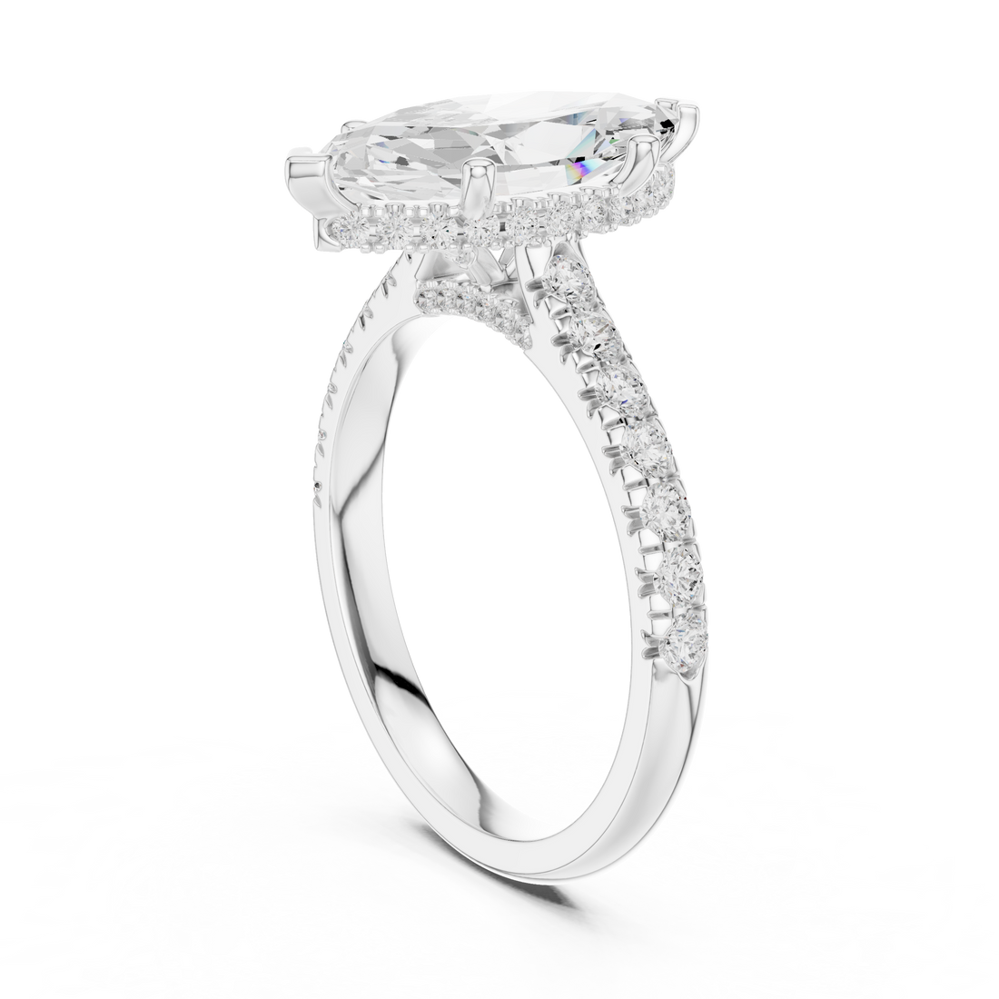Marquise Cut Solitaire Engagement Ring with Split Shank Pavé Diamond Band