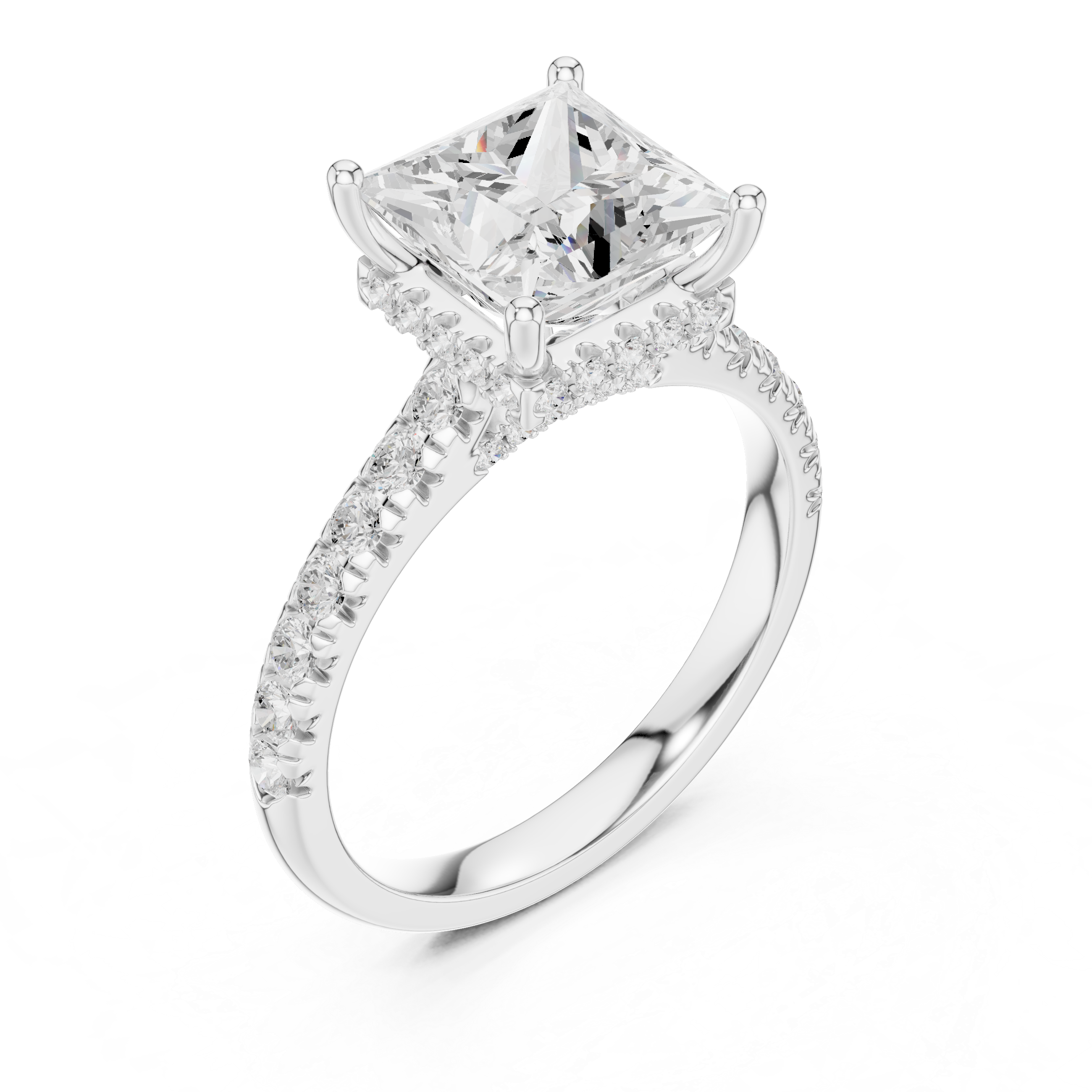 Princess Cut Solitaire Engagement Ring with Split Shank Pavé Diamond Band