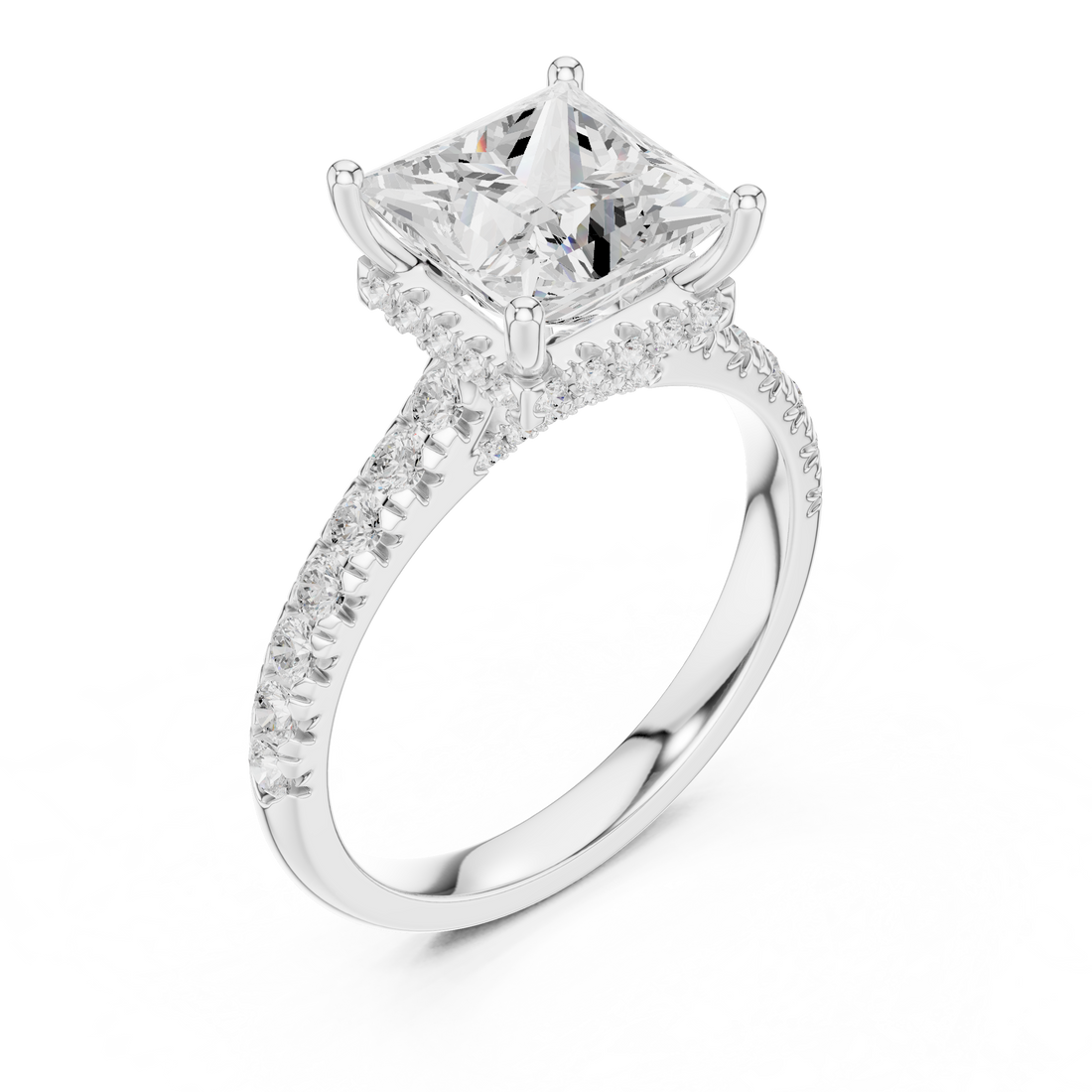 Princess Cut Solitaire Engagement Ring with Split Shank Pavé Diamond Band