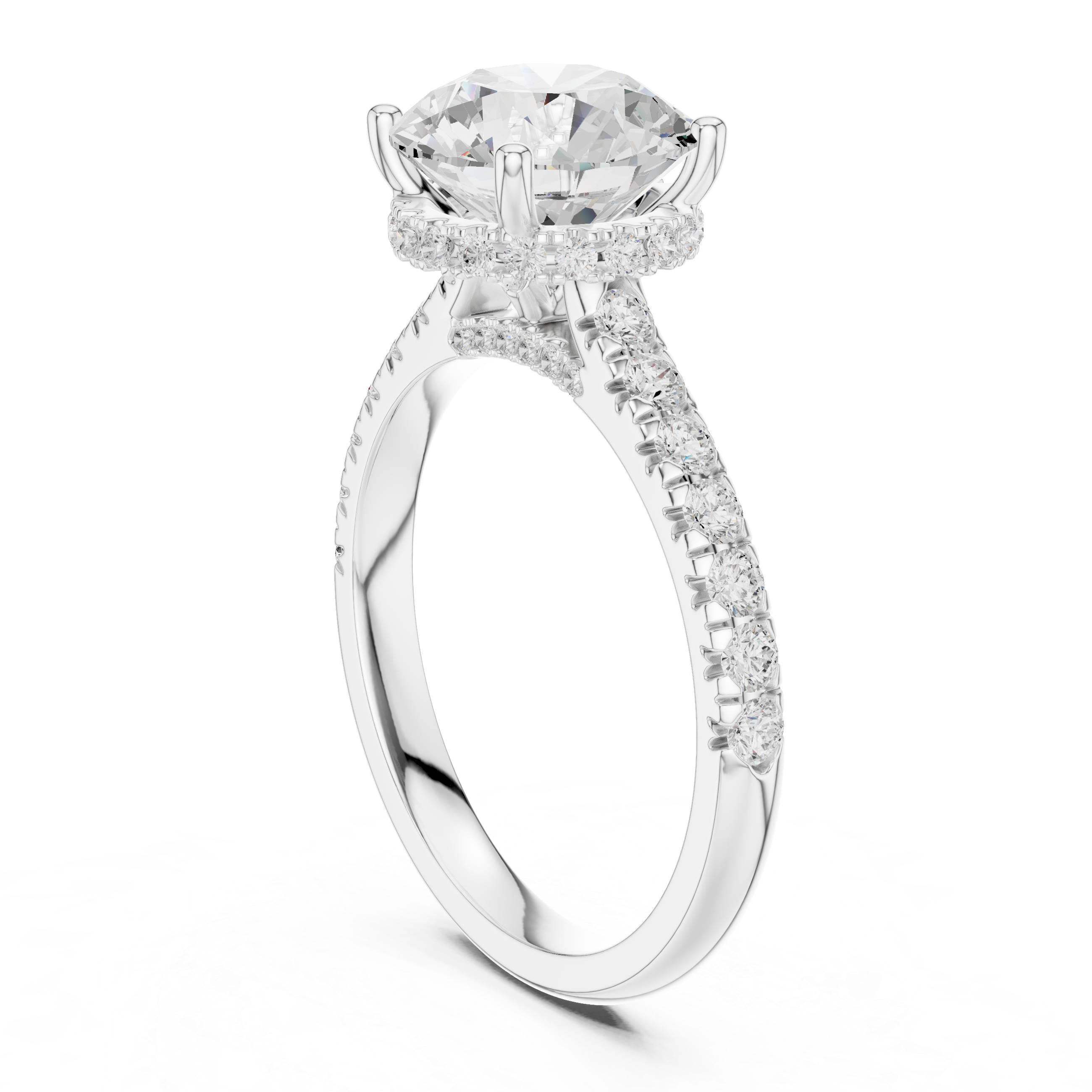 Round Cut Solitaire Engagement Ring with Split Shank Pavé Diamond Band