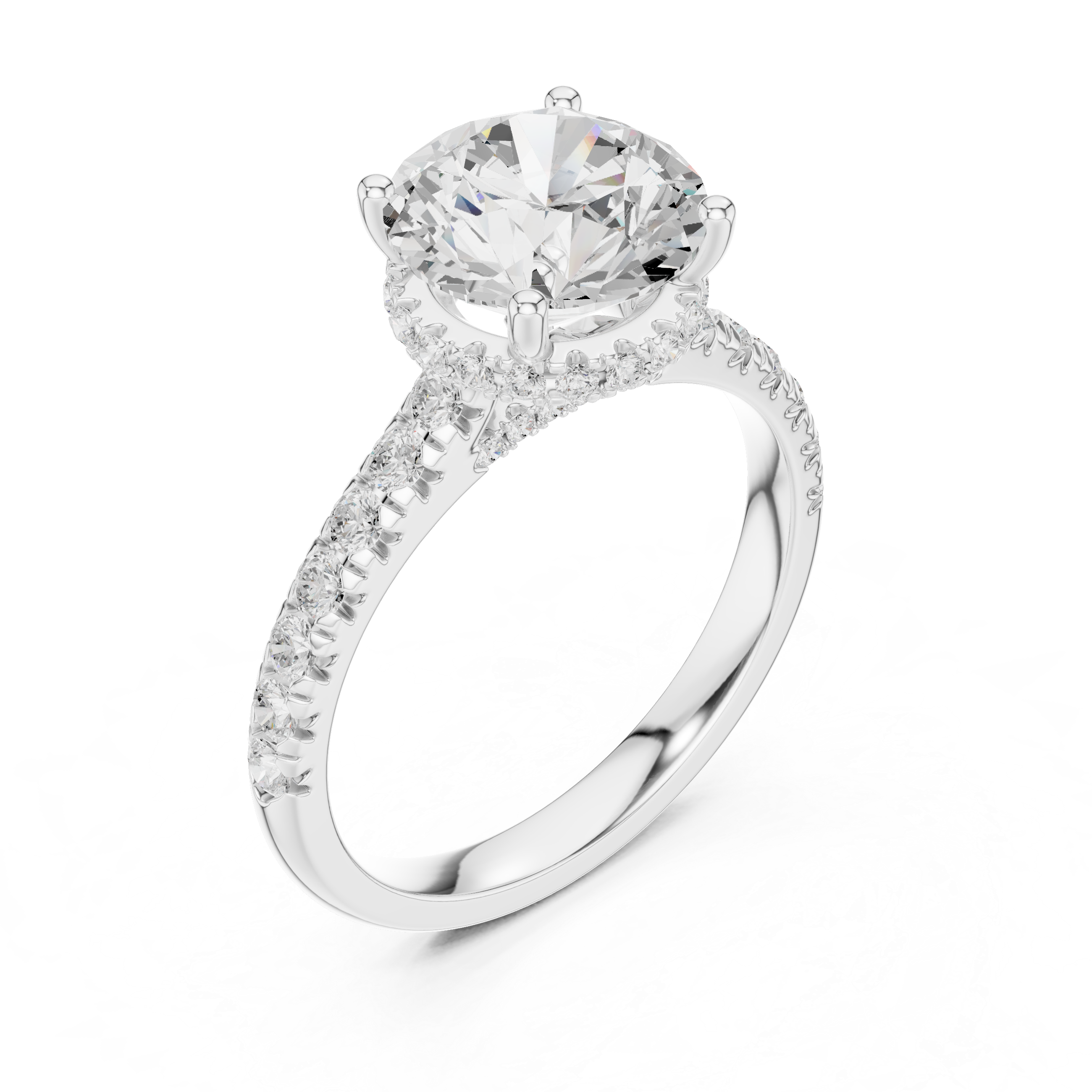 Round Cut Solitaire Engagement Ring with Split Shank Pavé Diamond Band
