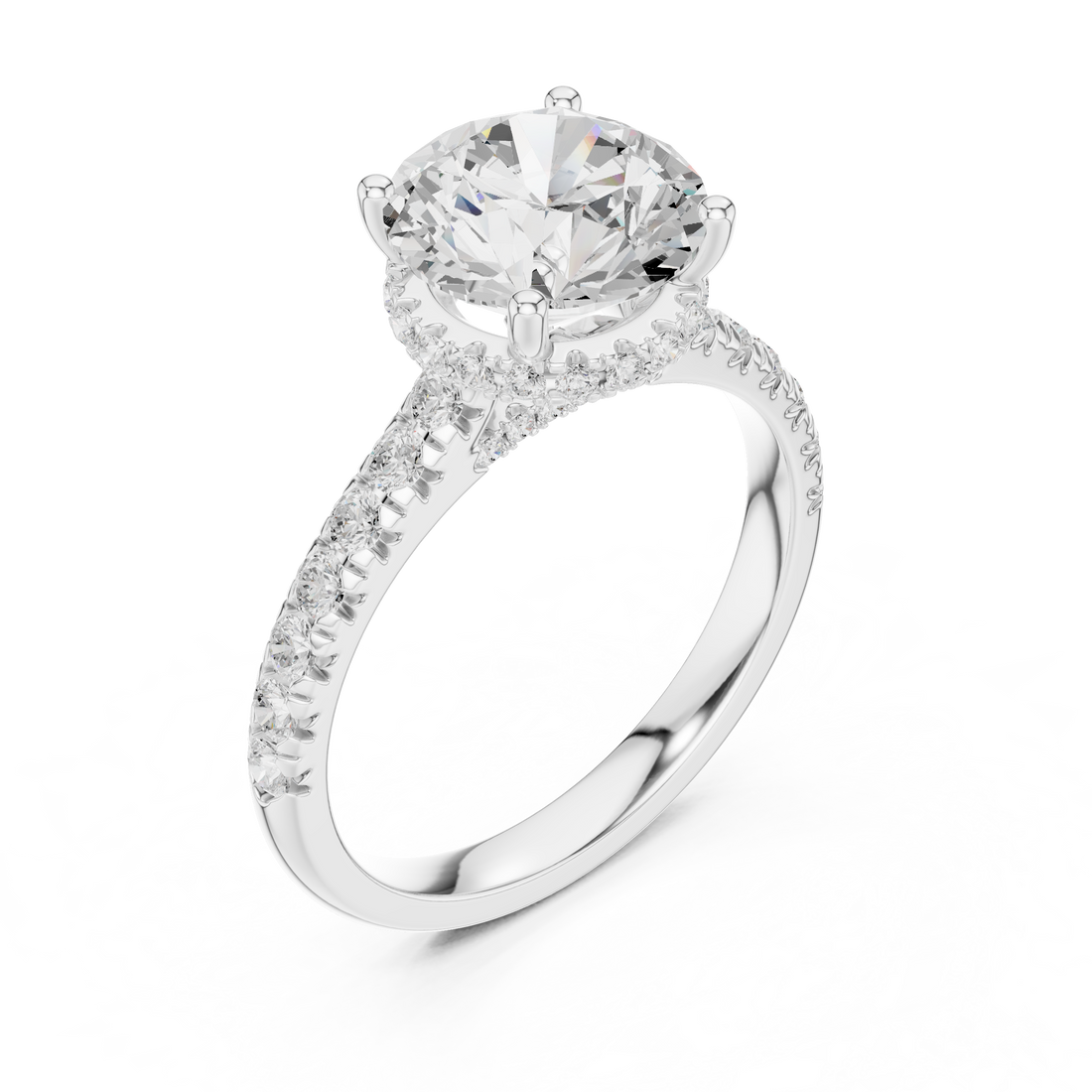 Round Cut Solitaire Engagement Ring with Split Shank Pavé Diamond Band