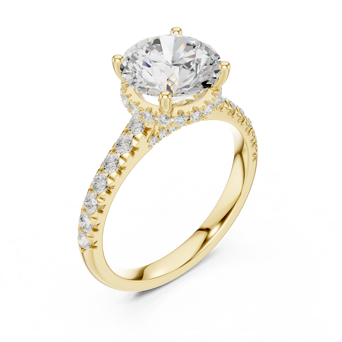 Round Cut Solitaire Engagement Ring with Split Shank Pavé Diamond Band