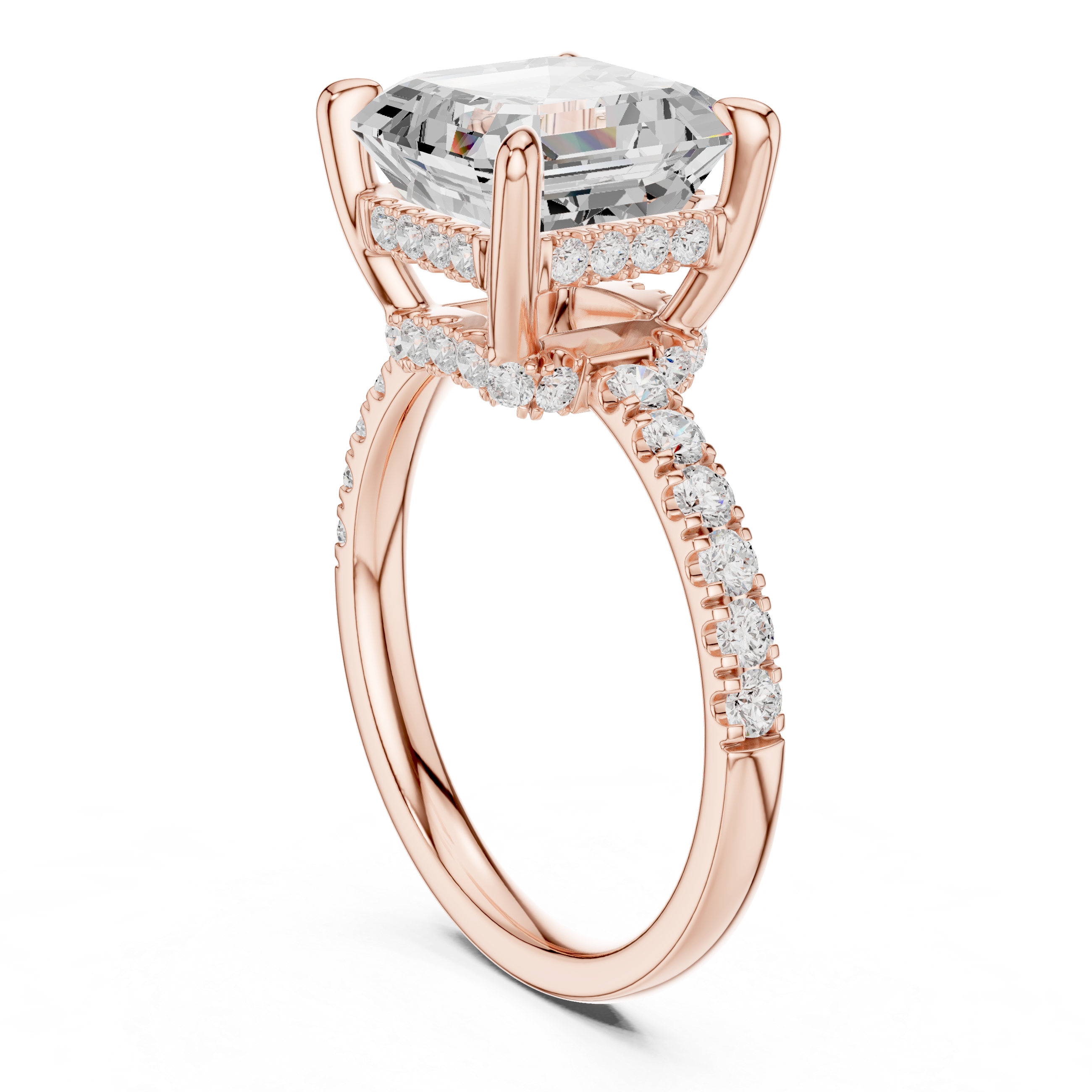 Asscher Cut Solitaire Engagement Ring with Double Hidden Halo and Pavé Diamond Band