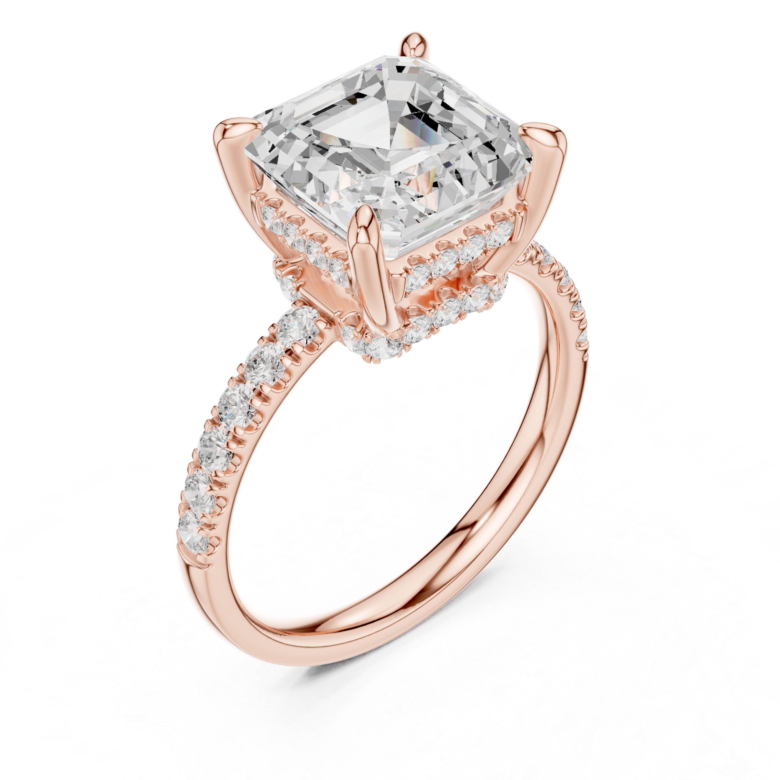 Asscher Cut Solitaire Engagement Ring with Double Hidden Halo and Pavé Diamond Band