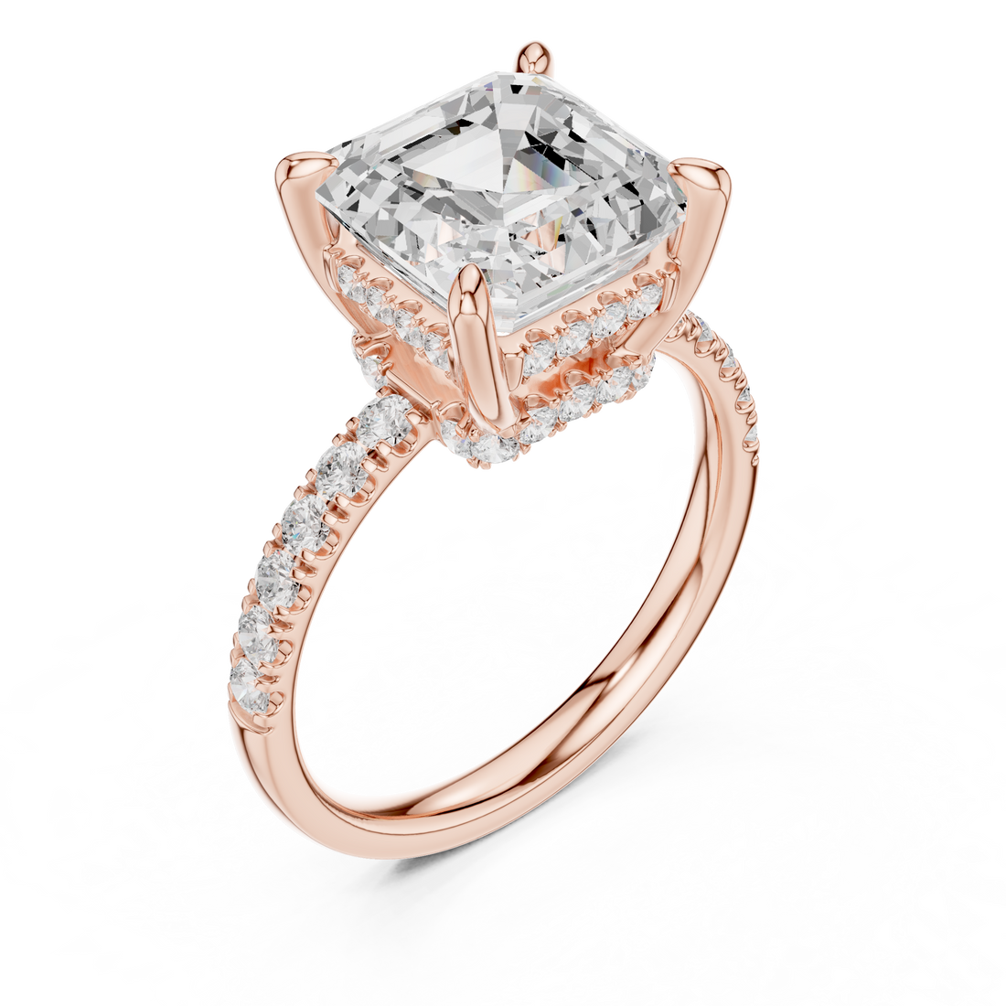Asscher Cut Solitaire Engagement Ring with Double Hidden Halo and Pavé Diamond Band