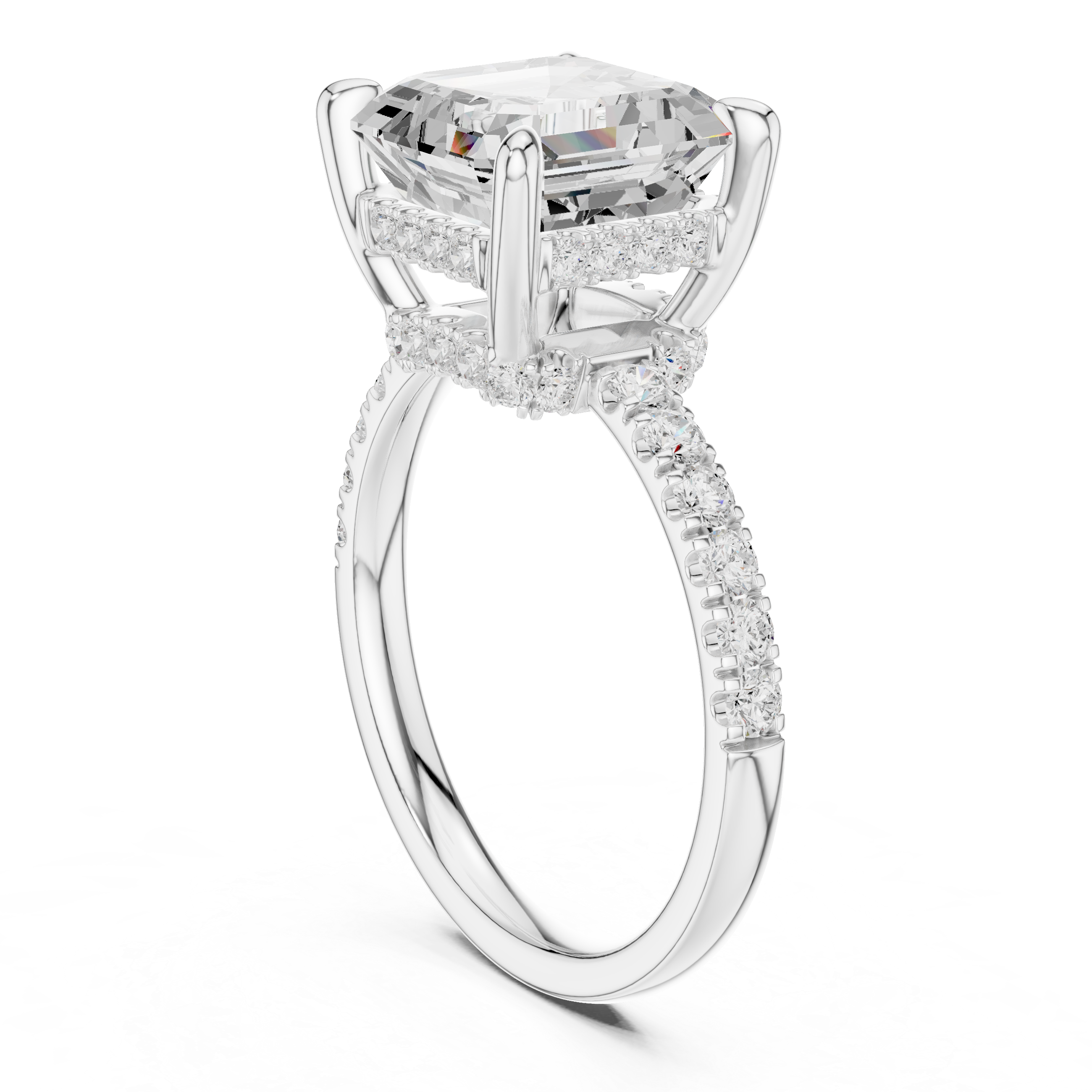 Asscher Cut Solitaire Engagement Ring with Double Hidden Halo and Pavé Diamond Band