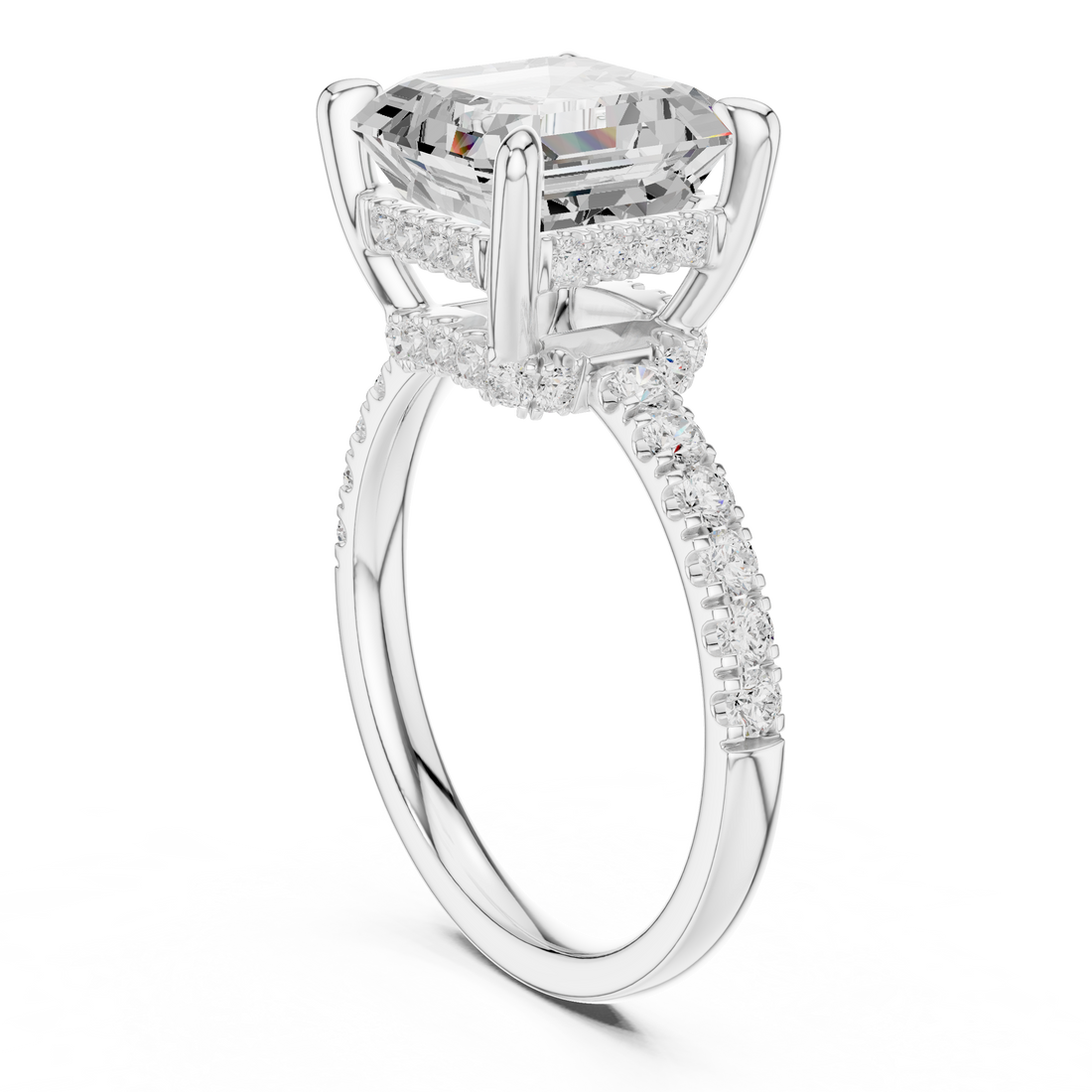 Asscher Cut Solitaire Engagement Ring with Double Hidden Halo and Pavé Diamond Band