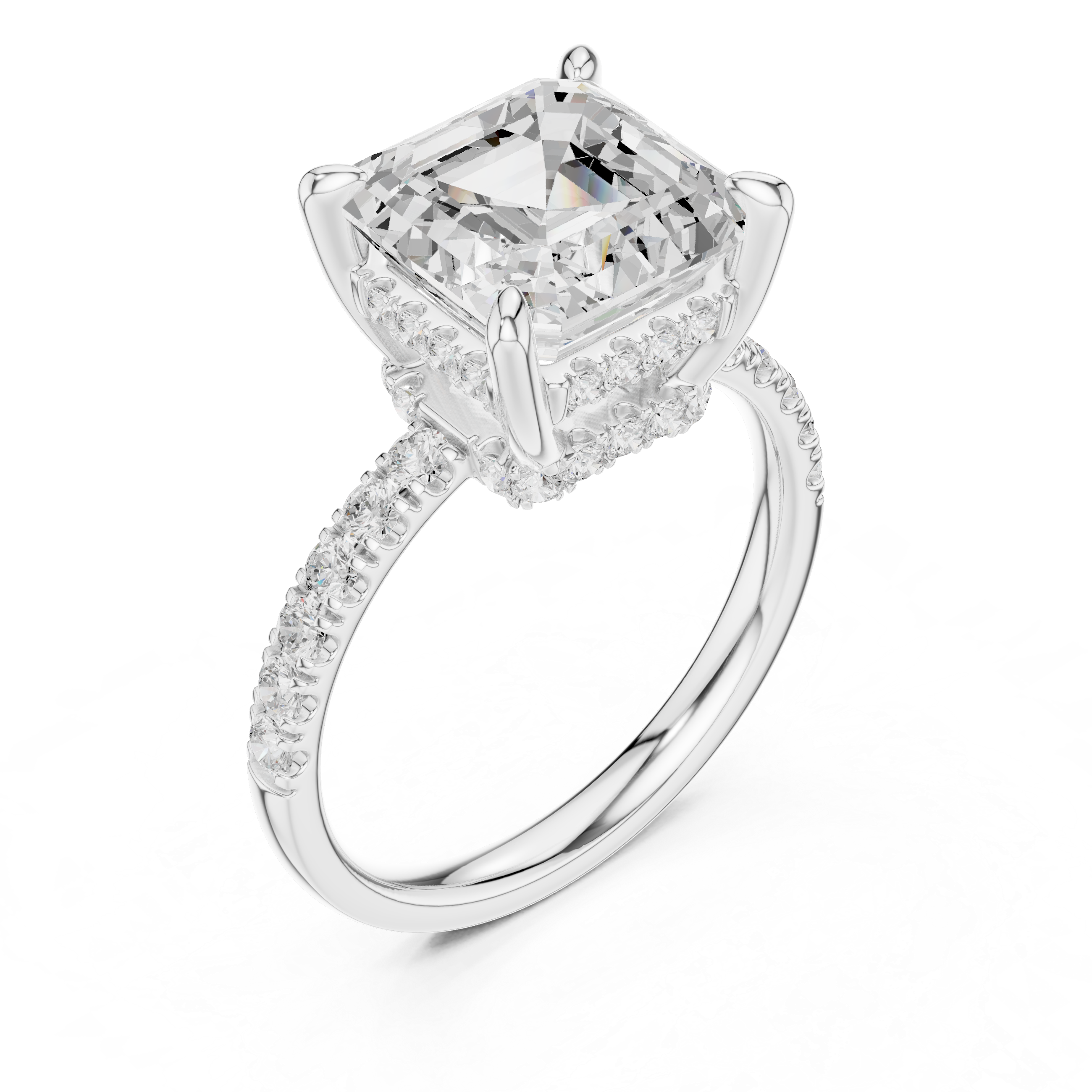Asscher Cut Solitaire Engagement Ring with Double Hidden Halo and Pavé Diamond Band