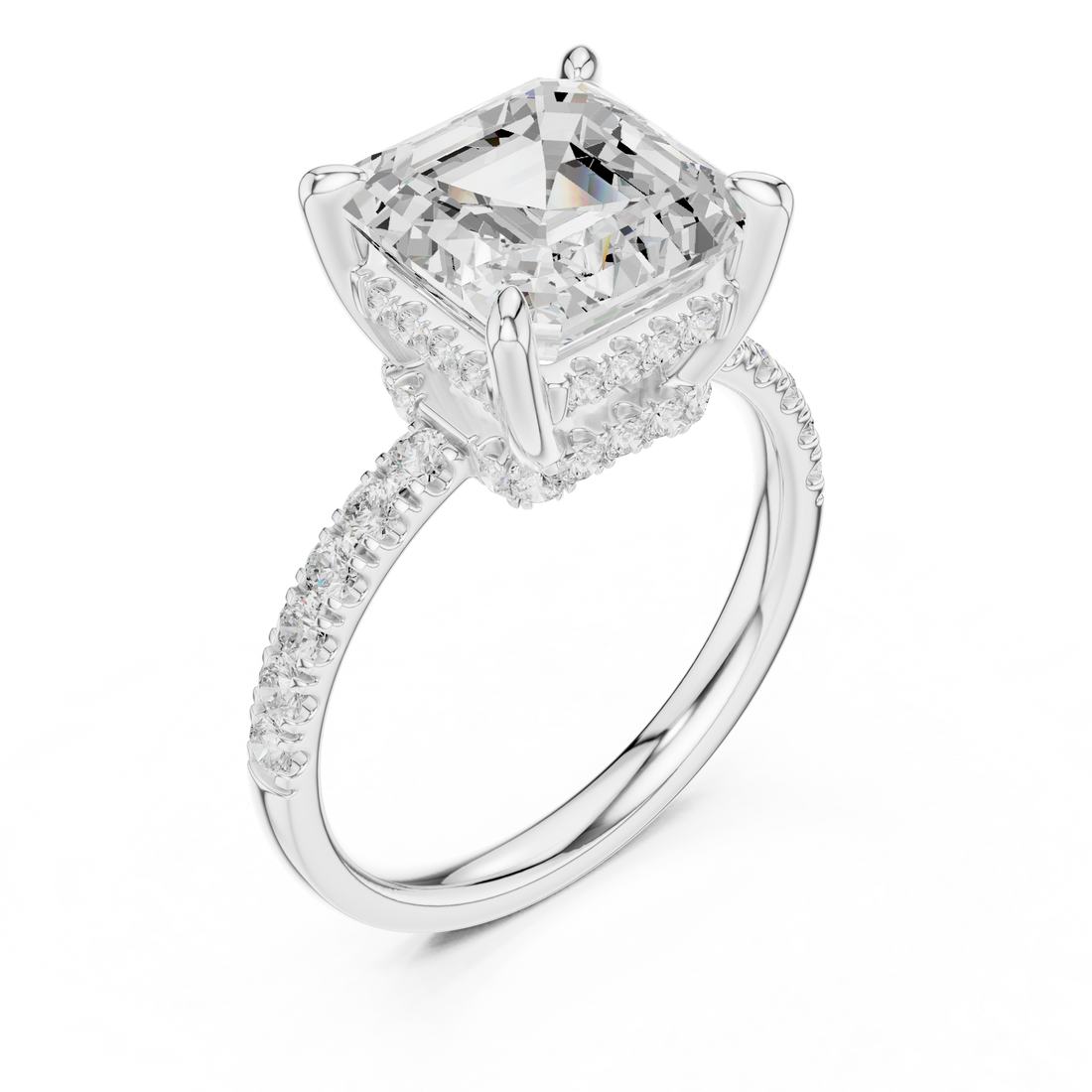 Asscher Cut Solitaire Engagement Ring with Double Hidden Halo and Pavé Diamond Band
