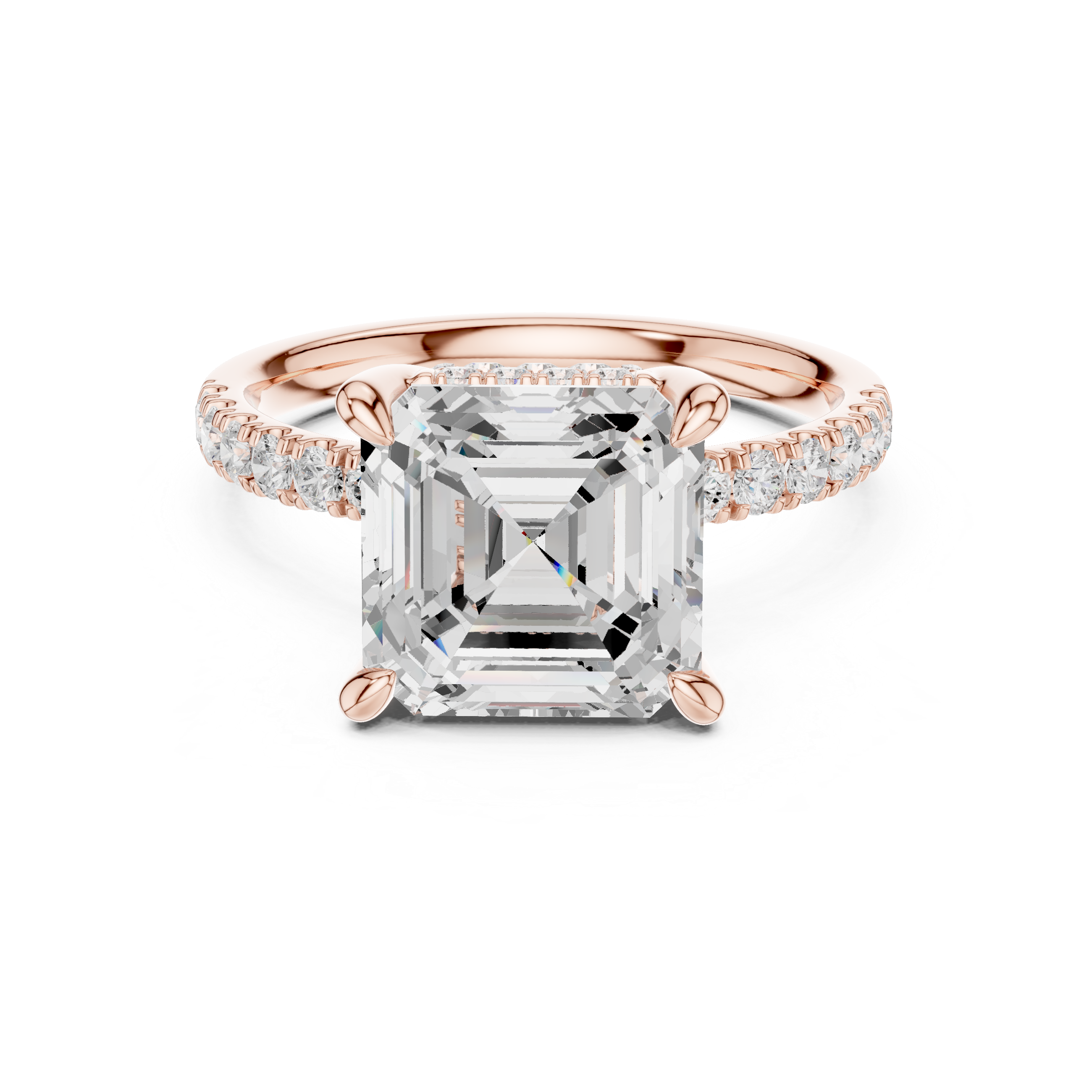 Asscher Cut Solitaire Engagement Ring with Double Hidden Halo and Pavé Diamond Band