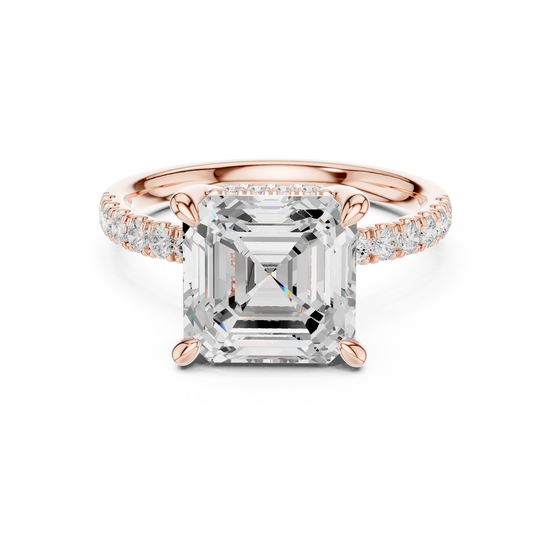 Asscher Cut Solitaire Engagement Ring with Double Hidden Halo and Pavé Diamond Band