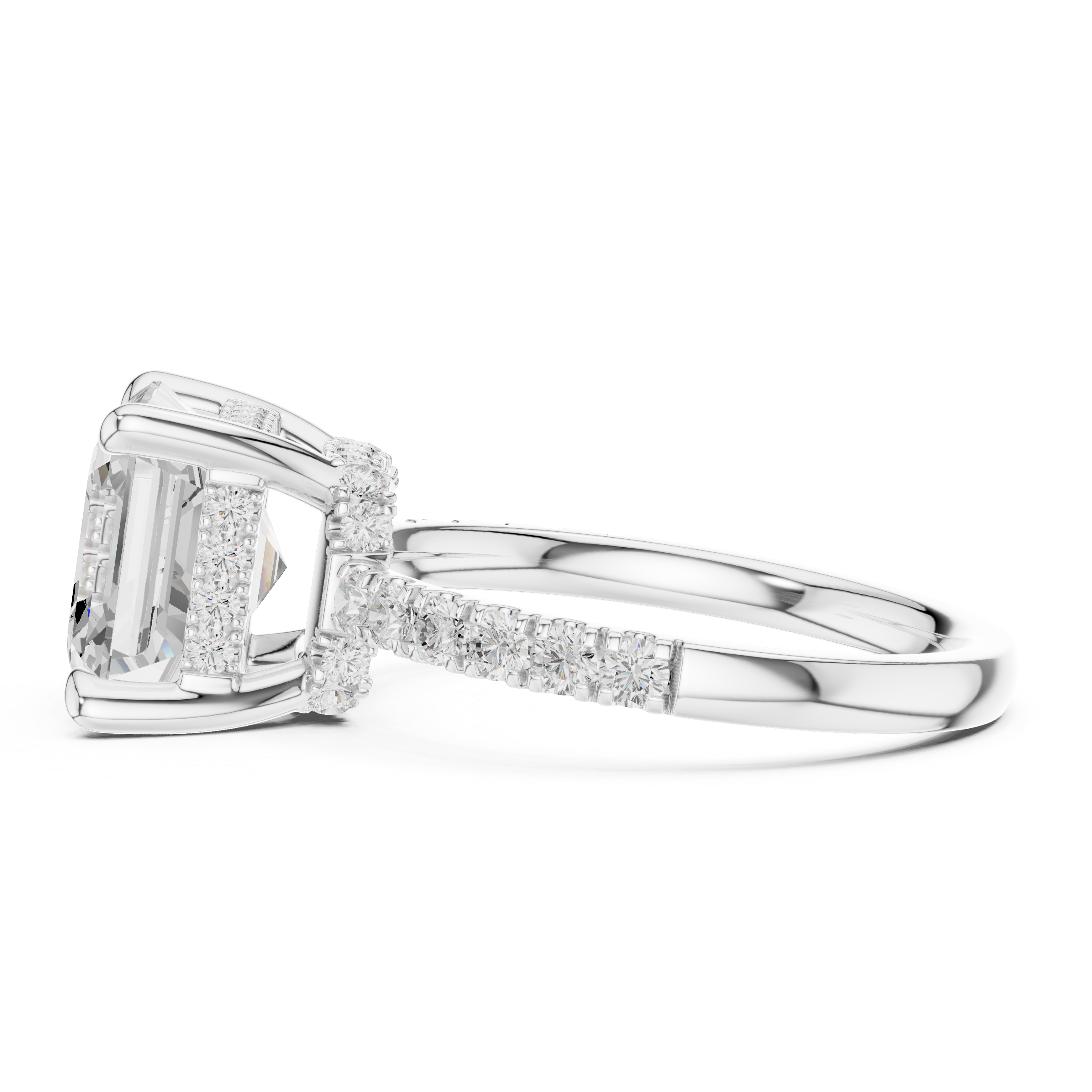 Asscher Cut Solitaire Engagement Ring with Double Hidden Halo and Pavé Diamond Band