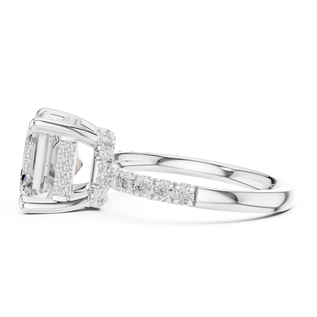 Asscher Cut Solitaire Engagement Ring with Double Hidden Halo and Pavé Diamond Band