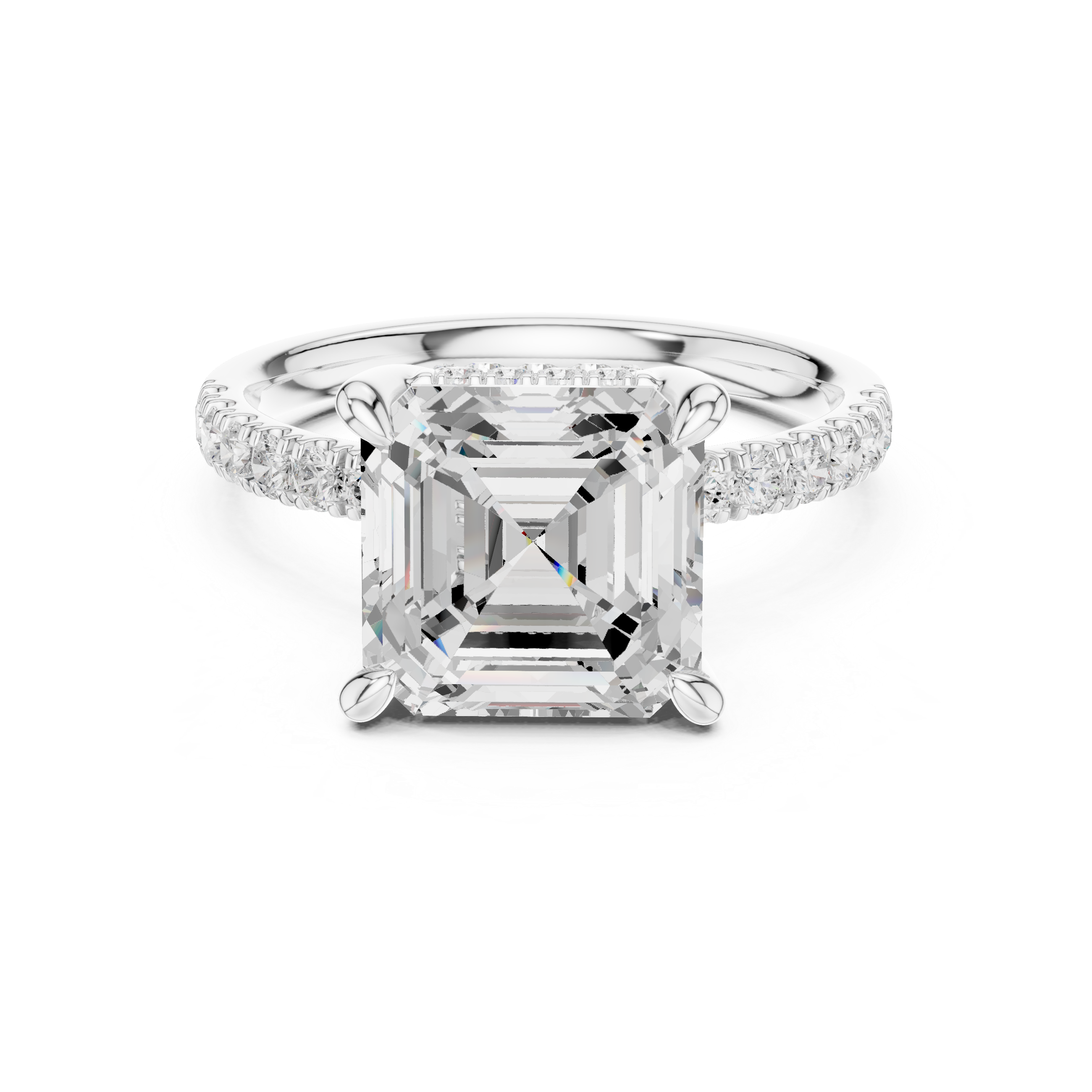 Asscher Cut Solitaire Engagement Ring with Double Hidden Halo and Pavé Diamond Band