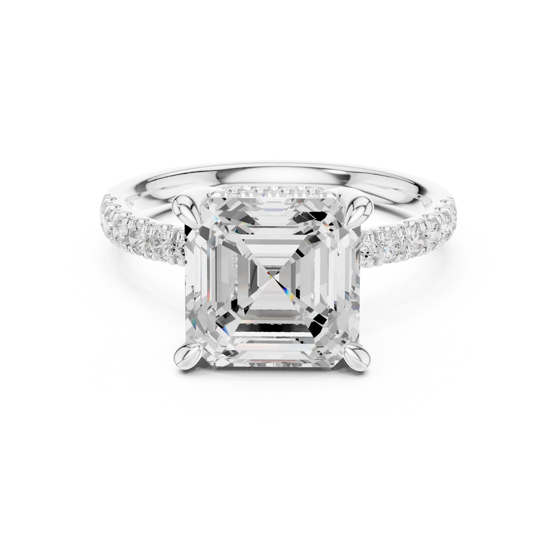 Asscher Cut Solitaire Engagement Ring with Double Hidden Halo and Pavé Diamond Band