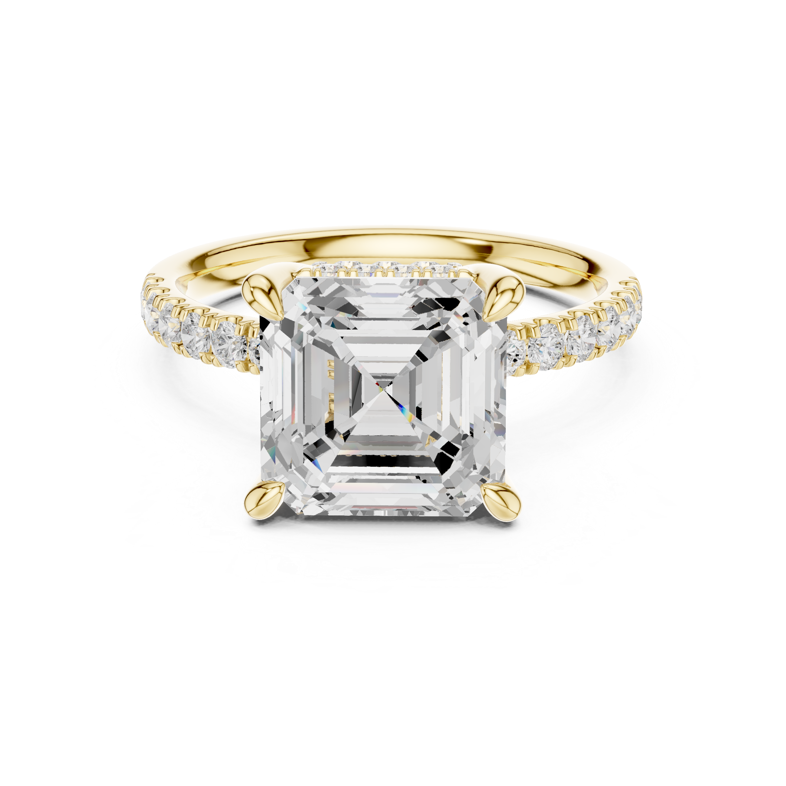 Asscher Cut Solitaire Engagement Ring with Double Hidden Halo and Pavé Diamond Band