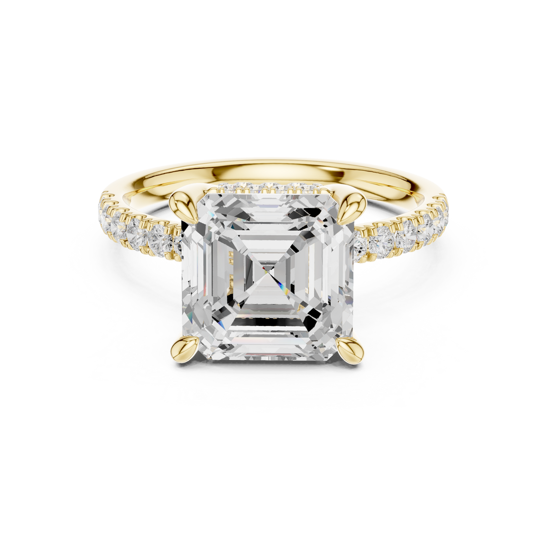 Asscher Cut Solitaire Engagement Ring with Double Hidden Halo and Pavé Diamond Band