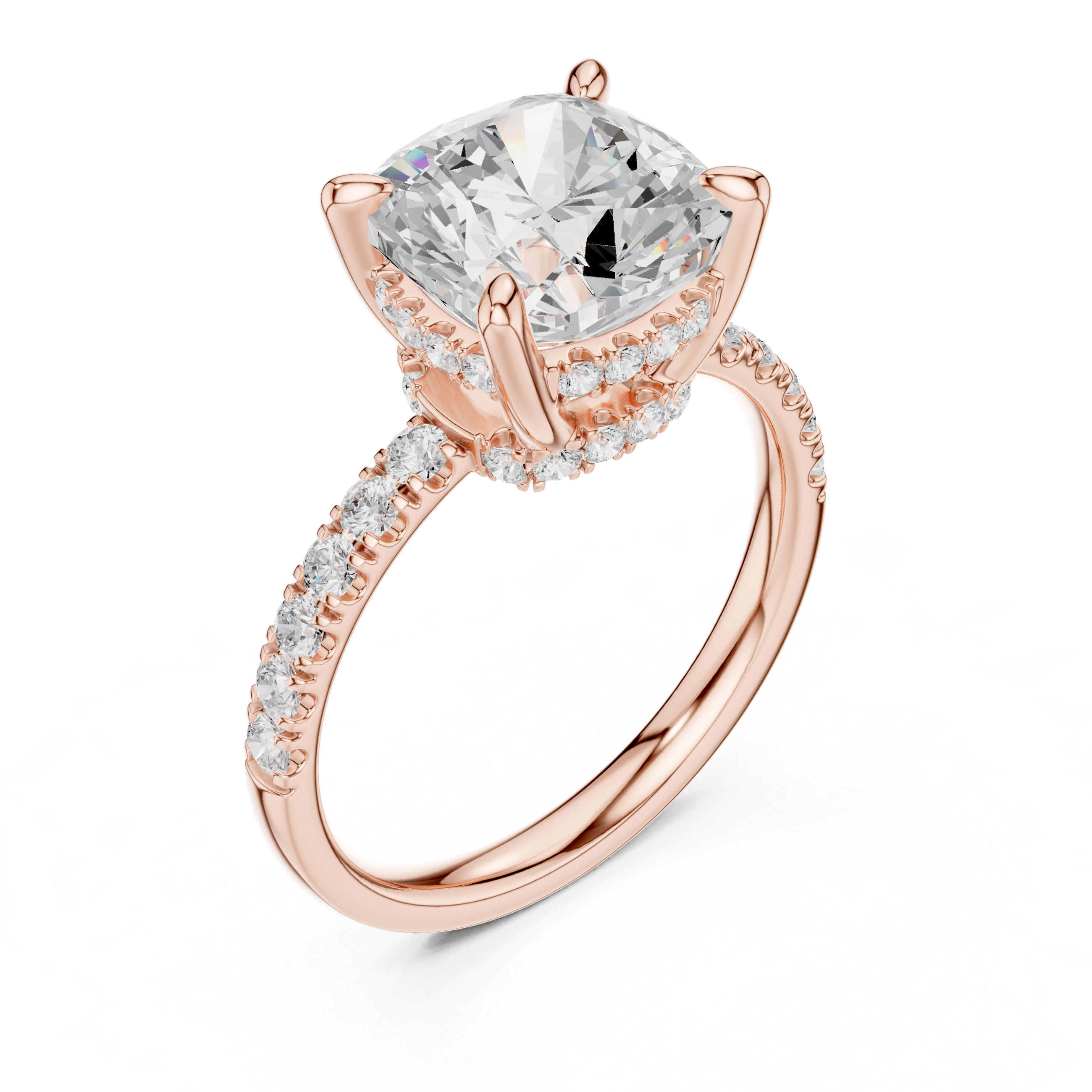 Cushion Cut Solitaire Engagement Ring with Double Hidden Halo and Pavé Diamond Band