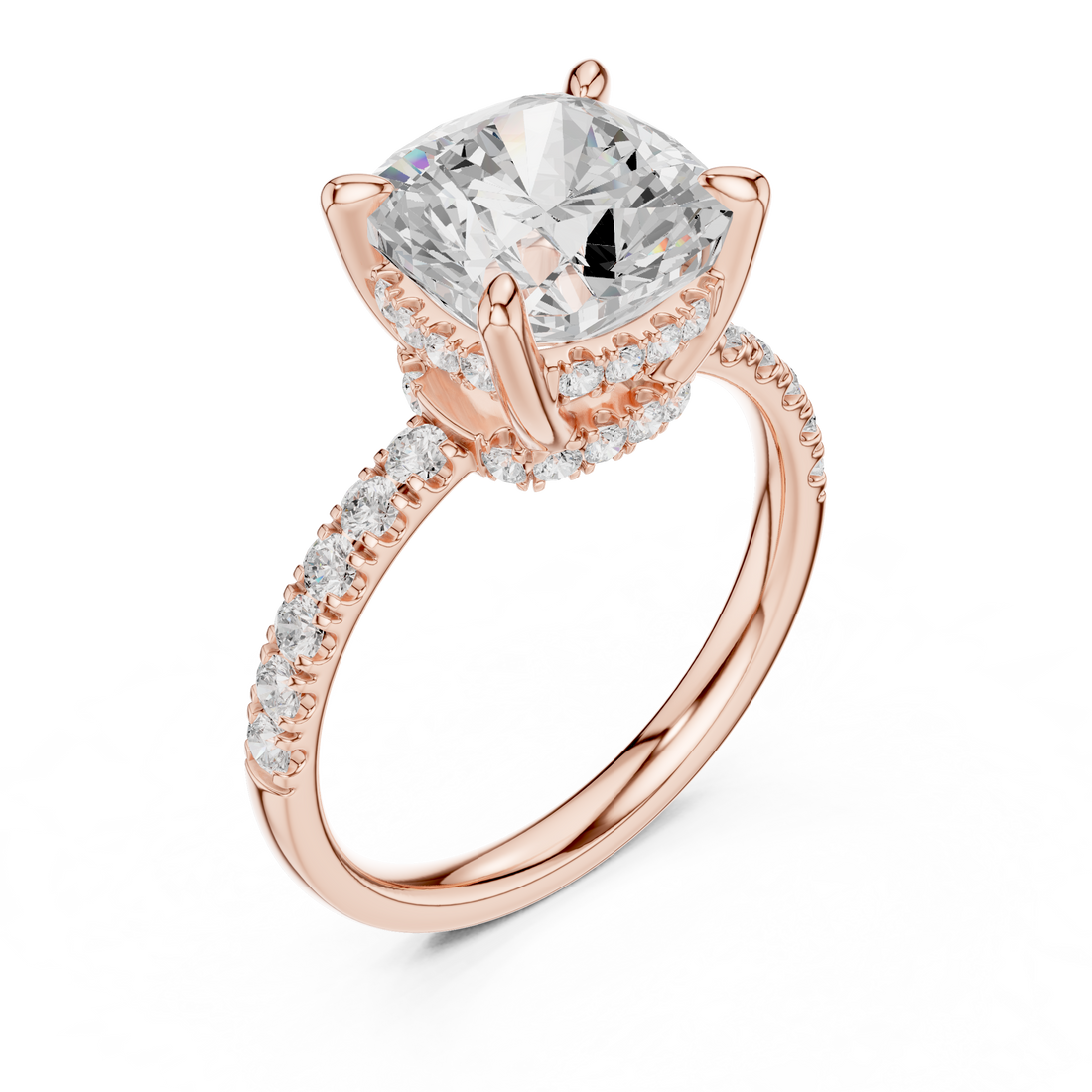 Cushion Cut Solitaire Engagement Ring with Double Hidden Halo and Pavé Diamond Band