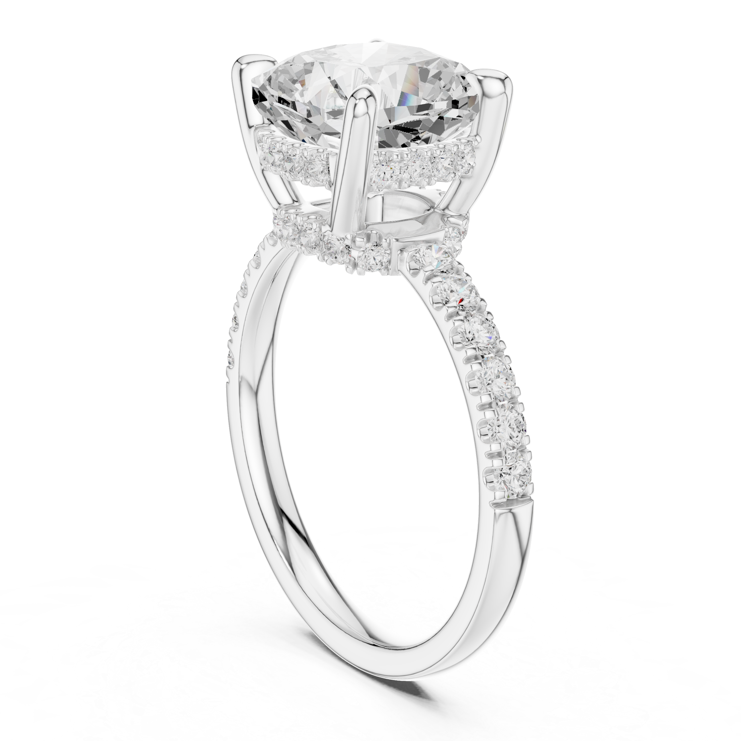 Cushion Cut Solitaire Engagement Ring with Double Hidden Halo and Pavé Diamond Band