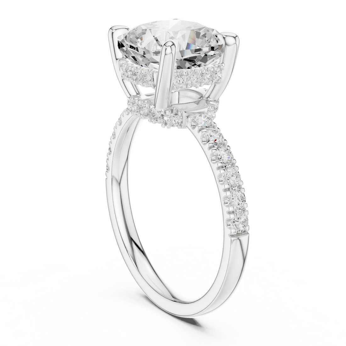 Cushion Cut Solitaire Engagement Ring with Double Hidden Halo and Pavé Diamond Band