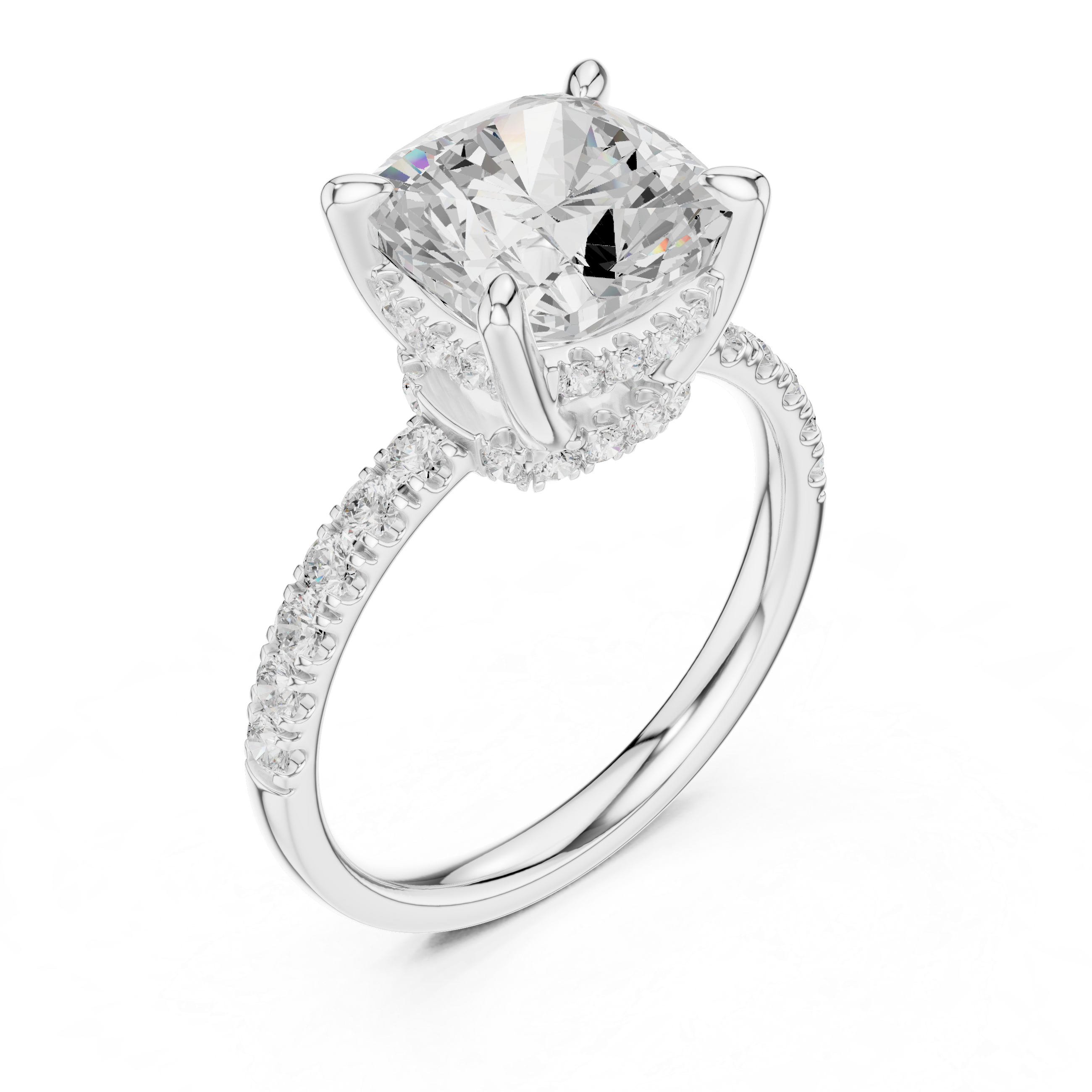 Cushion Cut Solitaire Engagement Ring with Double Hidden Halo and Pavé Diamond Band