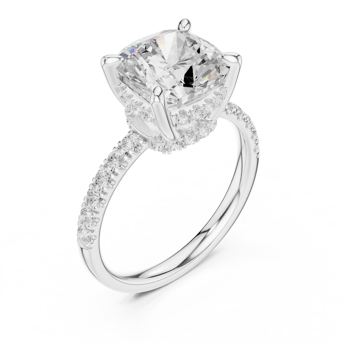 Cushion Cut Solitaire Engagement Ring with Double Hidden Halo and Pavé Diamond Band