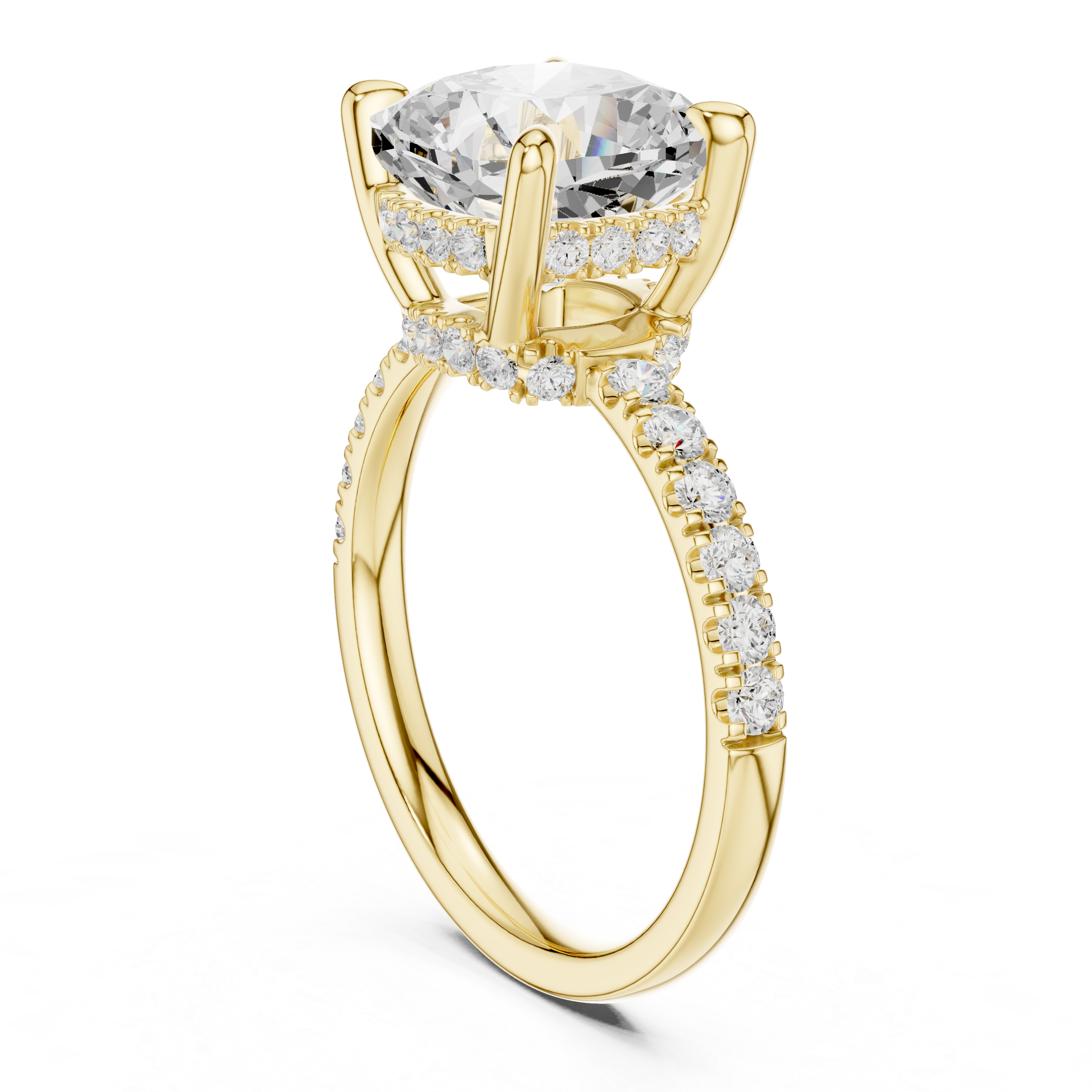Cushion Cut Solitaire Engagement Ring with Double Hidden Halo and Pavé Diamond Band