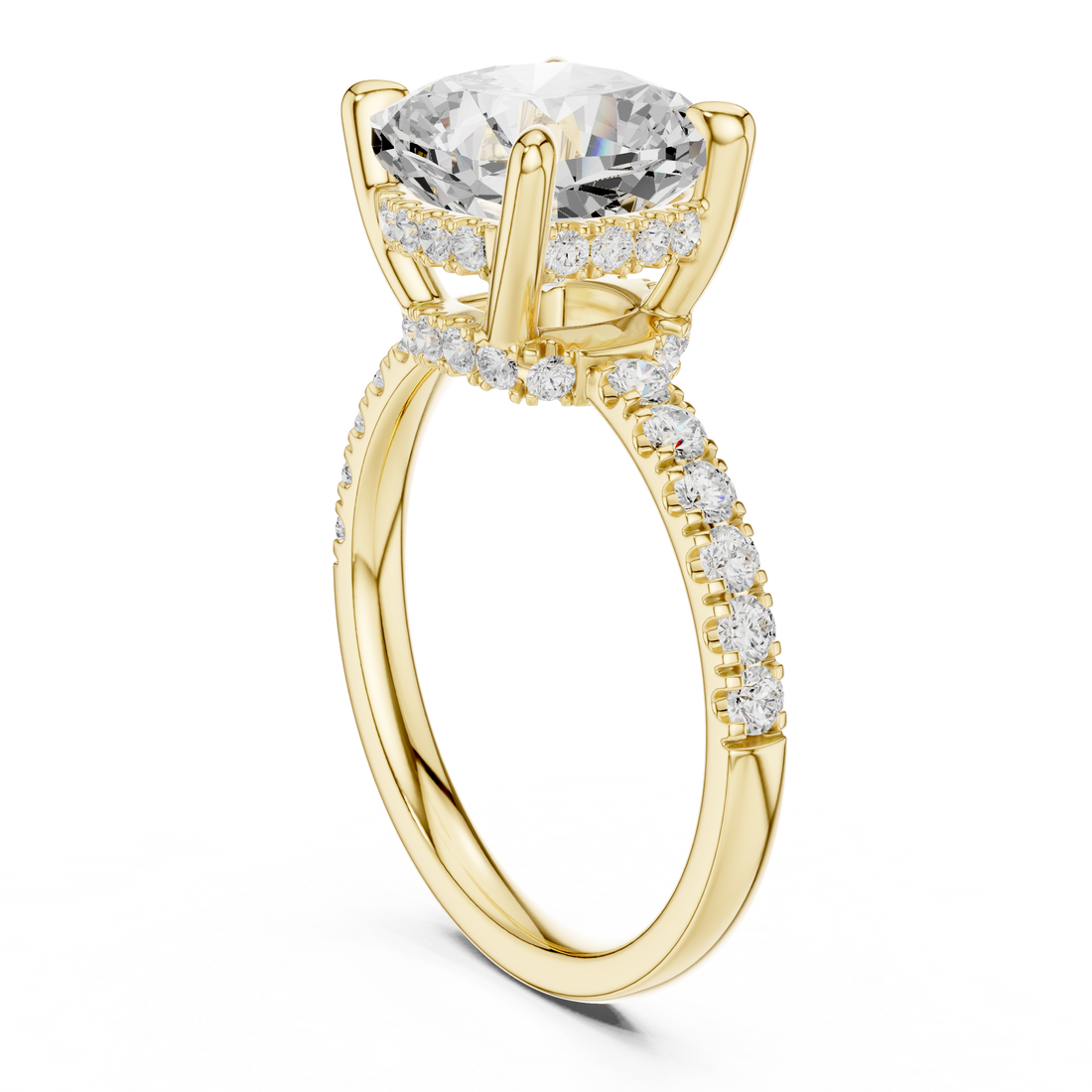 Cushion Cut Solitaire Engagement Ring with Double Hidden Halo and Pavé Diamond Band