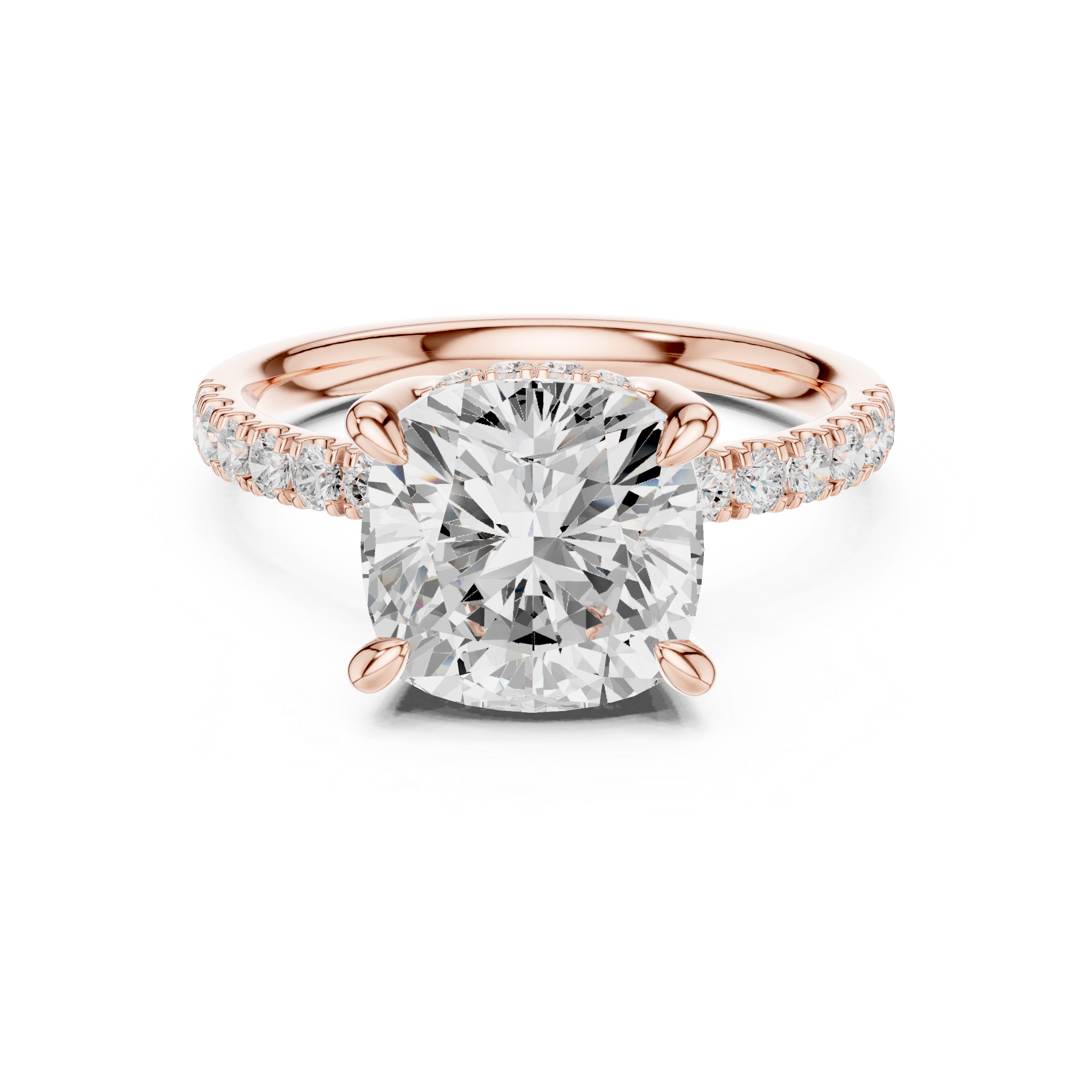 Cushion Cut Solitaire Engagement Ring with Double Hidden Halo and Pavé Diamond Band