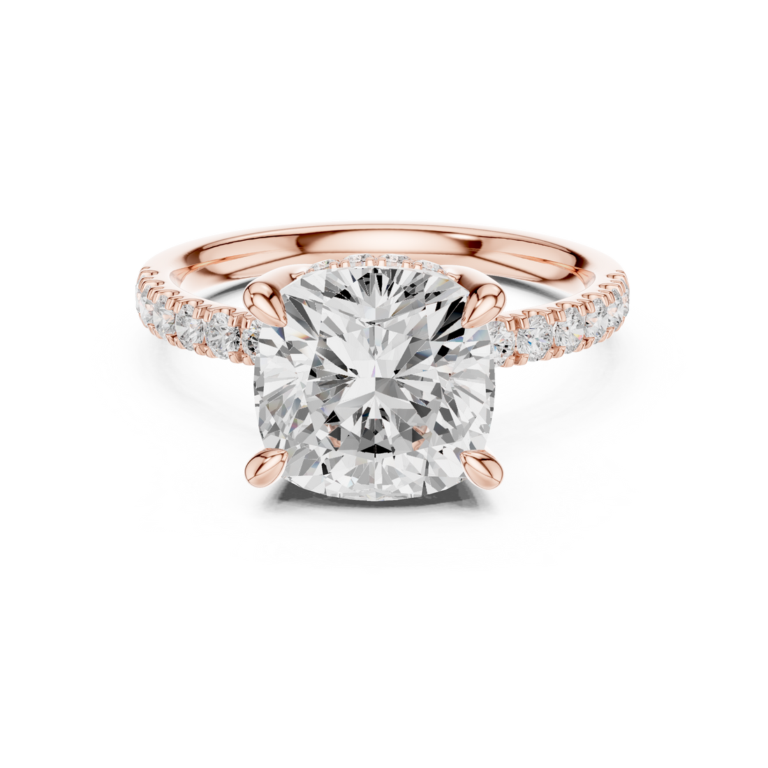 Cushion Cut Solitaire Engagement Ring with Double Hidden Halo and Pavé Diamond Band