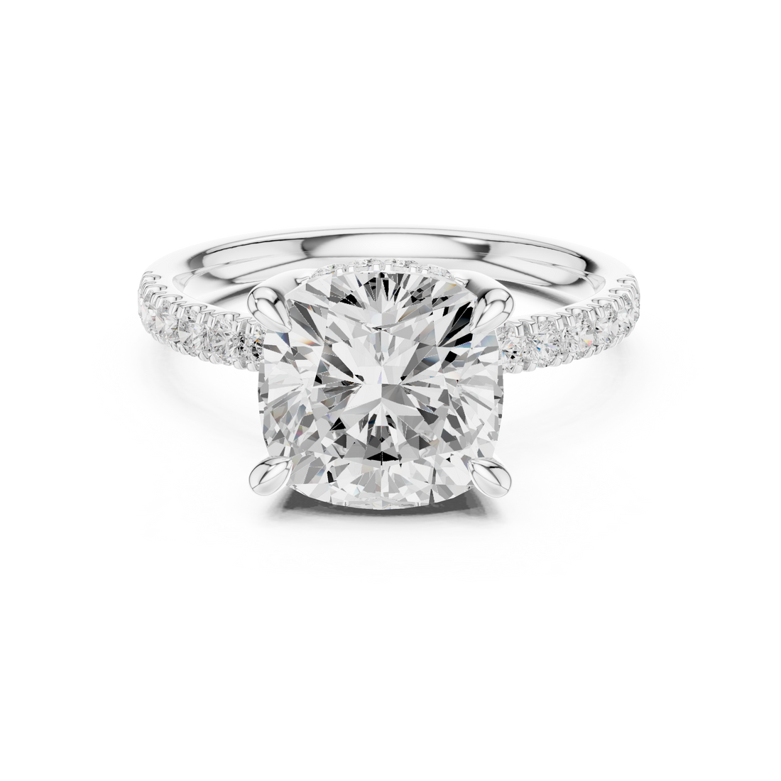 Cushion Cut Solitaire Engagement Ring with Double Hidden Halo and Pavé Diamond Band