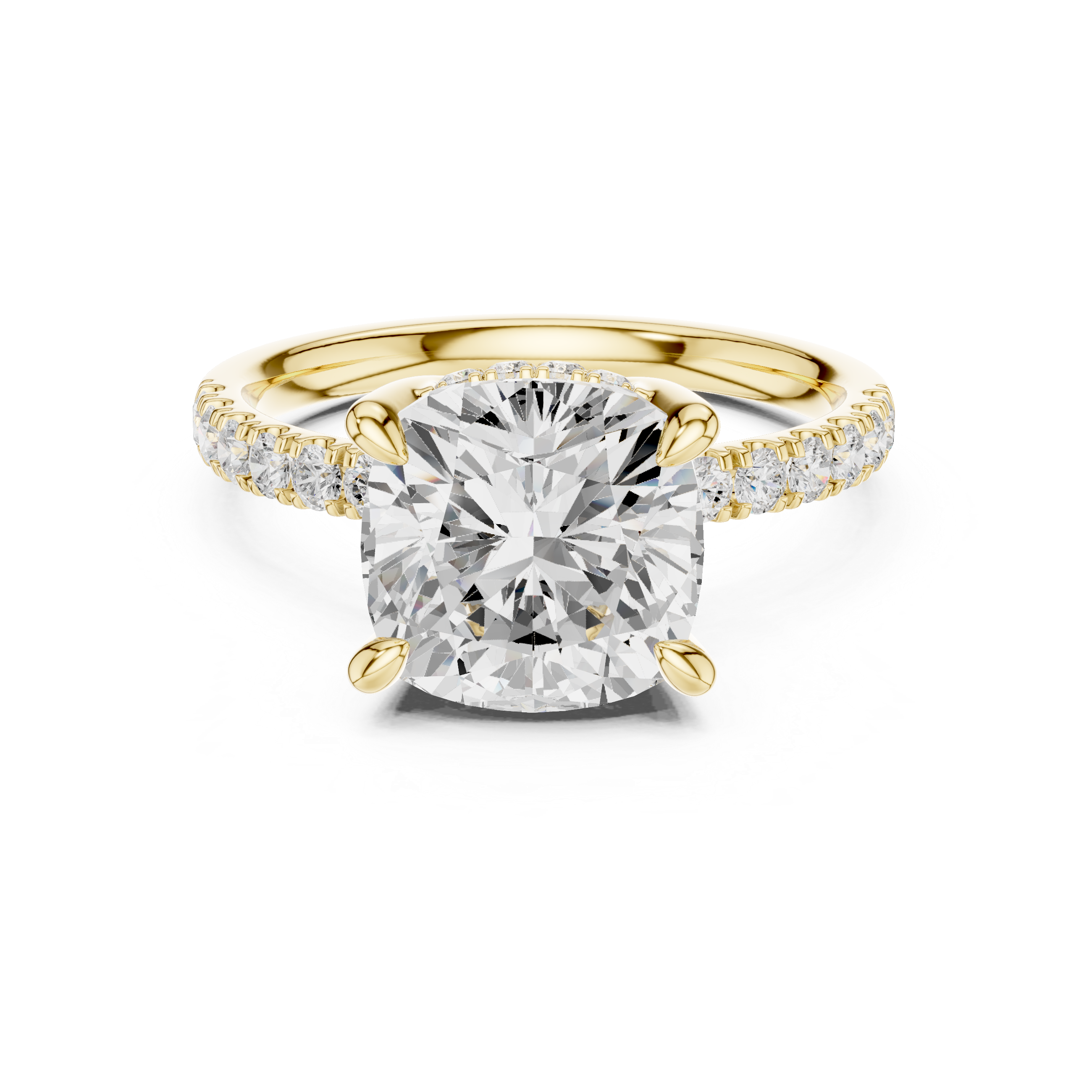 Cushion Cut Solitaire Engagement Ring with Double Hidden Halo and Pavé Diamond Band