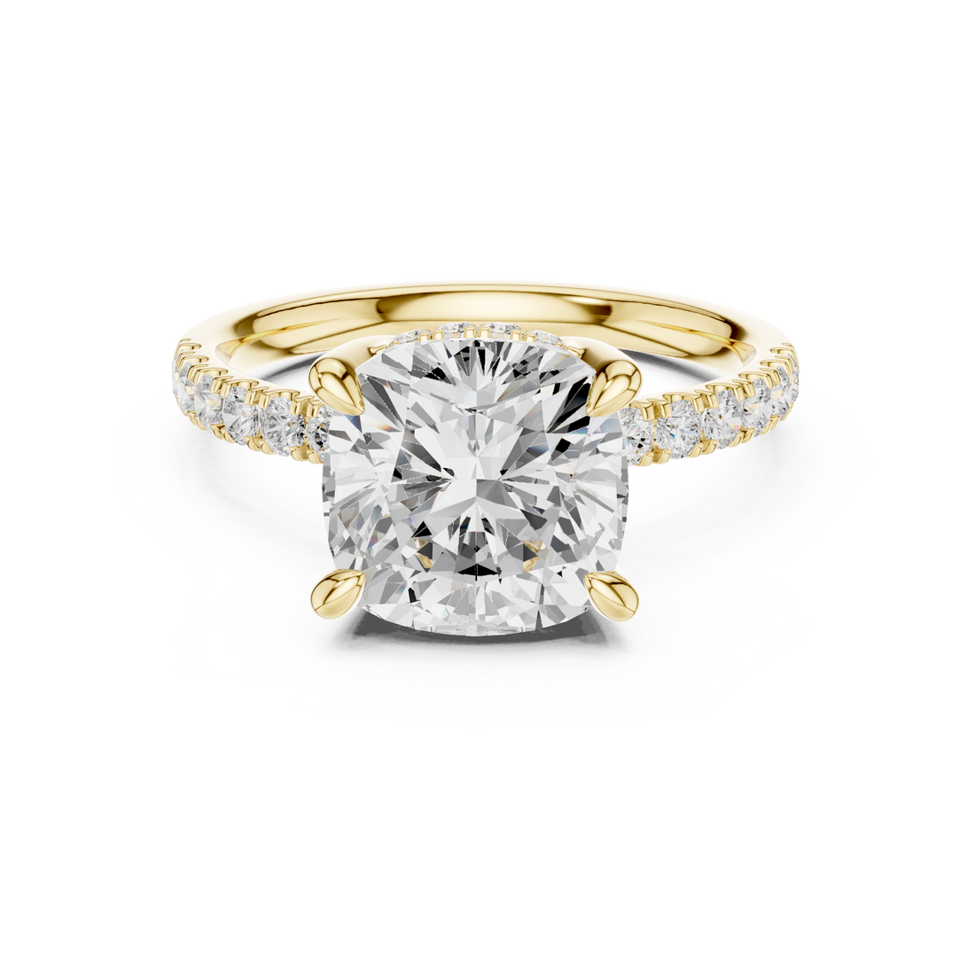 Cushion Cut Solitaire Engagement Ring with Double Hidden Halo and Pavé Diamond Band
