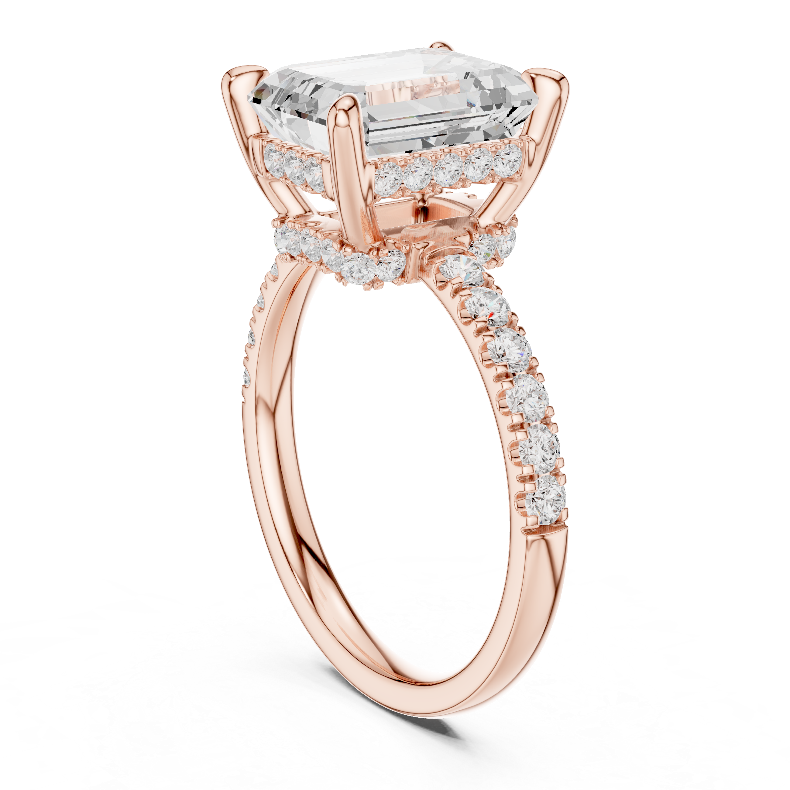 Emerald Cut Solitaire Engagement Ring with Double Hidden Halo and Pavé Diamond Band