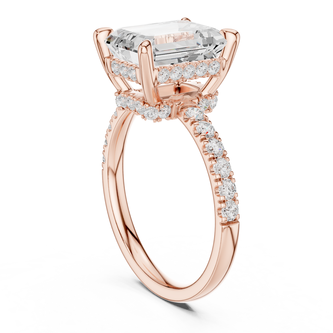 Emerald Cut Solitaire Engagement Ring with Double Hidden Halo and Pavé Diamond Band