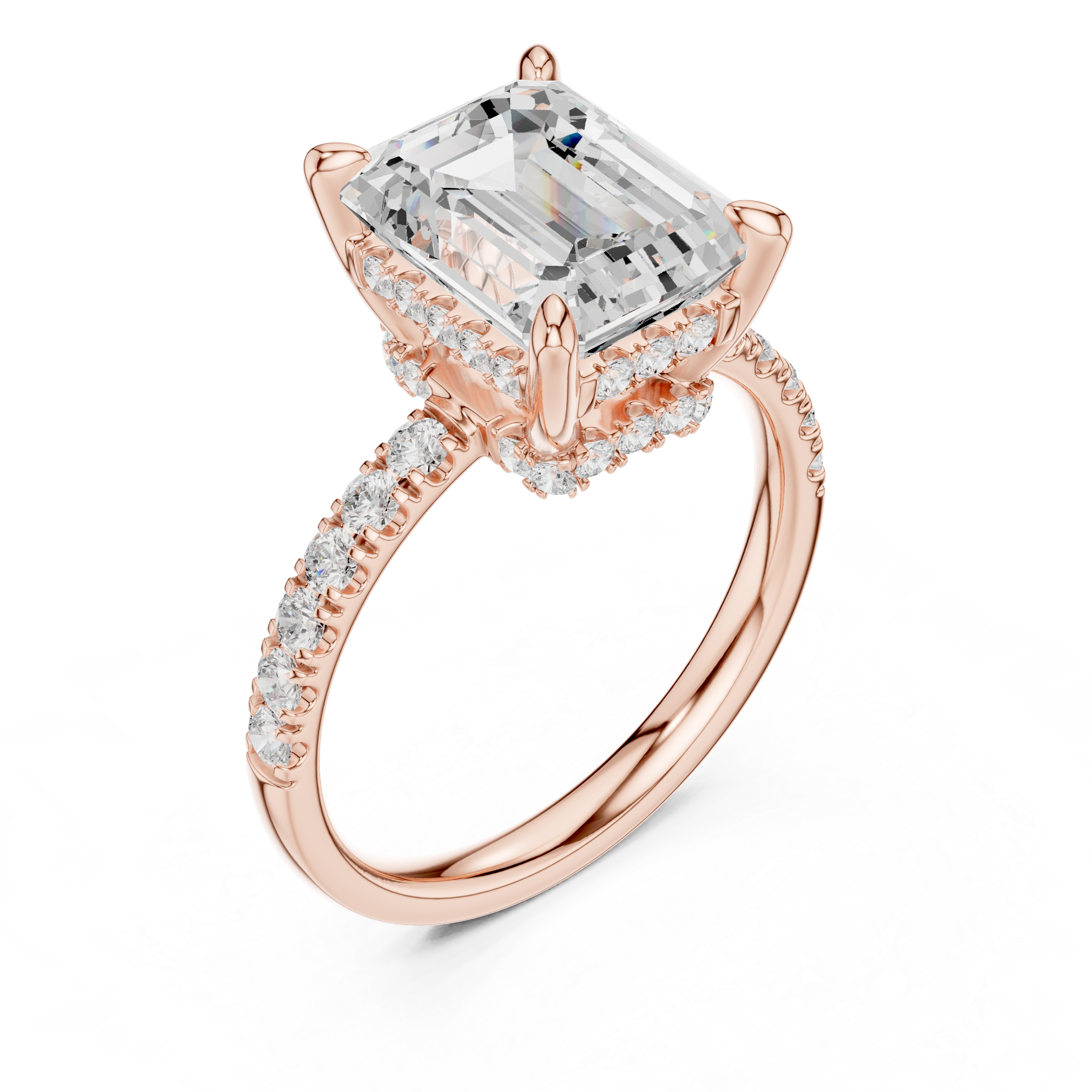 Emerald Cut Solitaire Engagement Ring with Double Hidden Halo and Pavé Diamond Band
