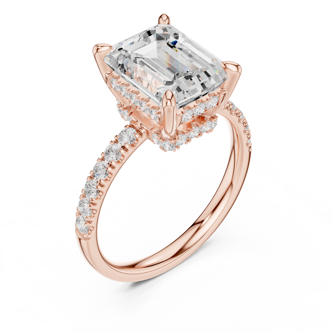 Emerald Cut Solitaire Engagement Ring with Double Hidden Halo and Pavé Diamond Band