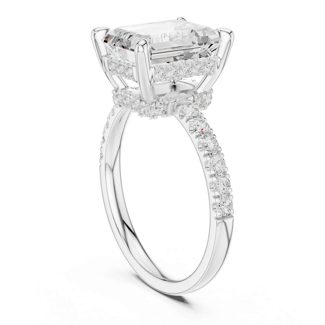 Emerald Cut Solitaire Engagement Ring with Double Hidden Halo and Pavé Diamond Band