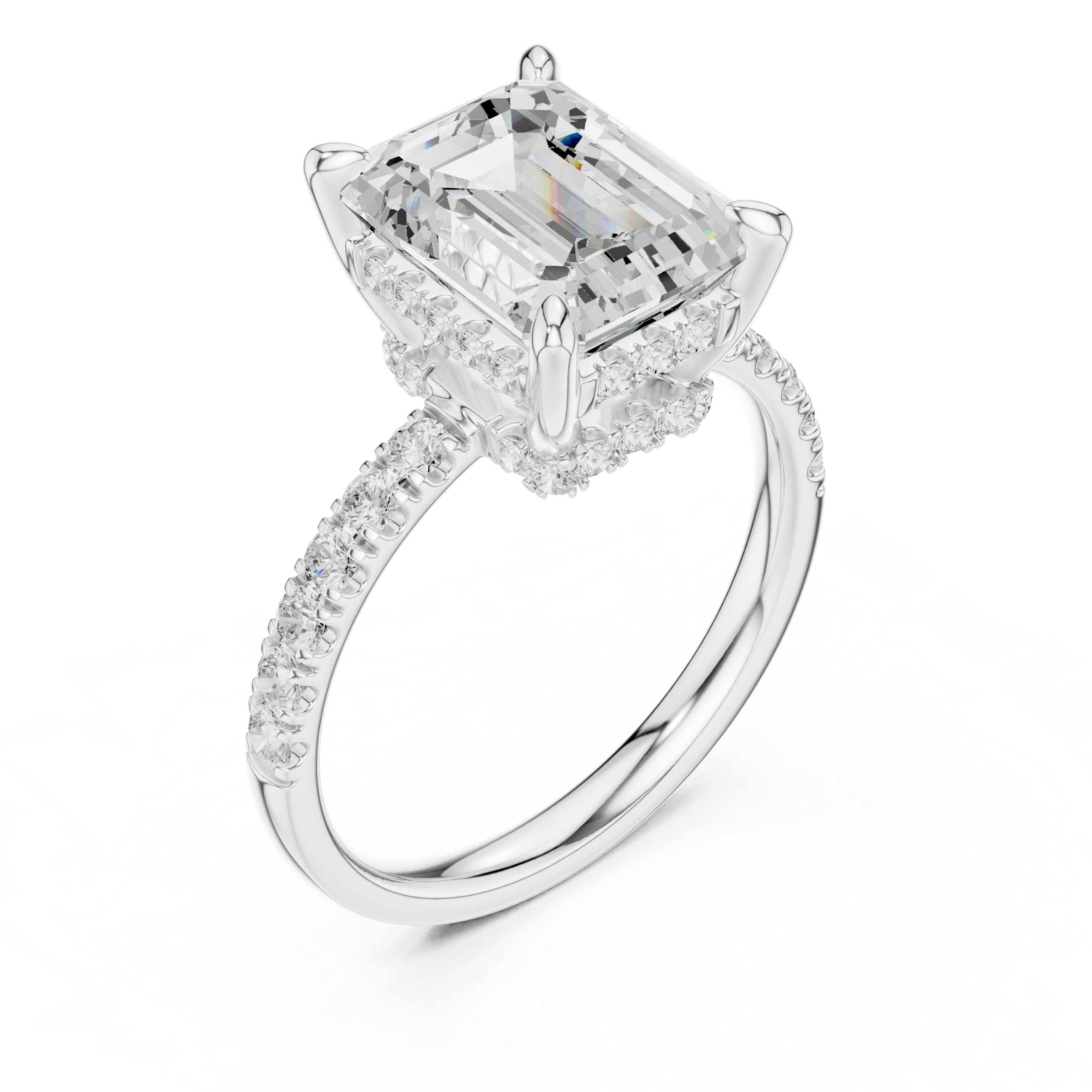 Emerald Cut Solitaire Engagement Ring with Double Hidden Halo and Pavé Diamond Band